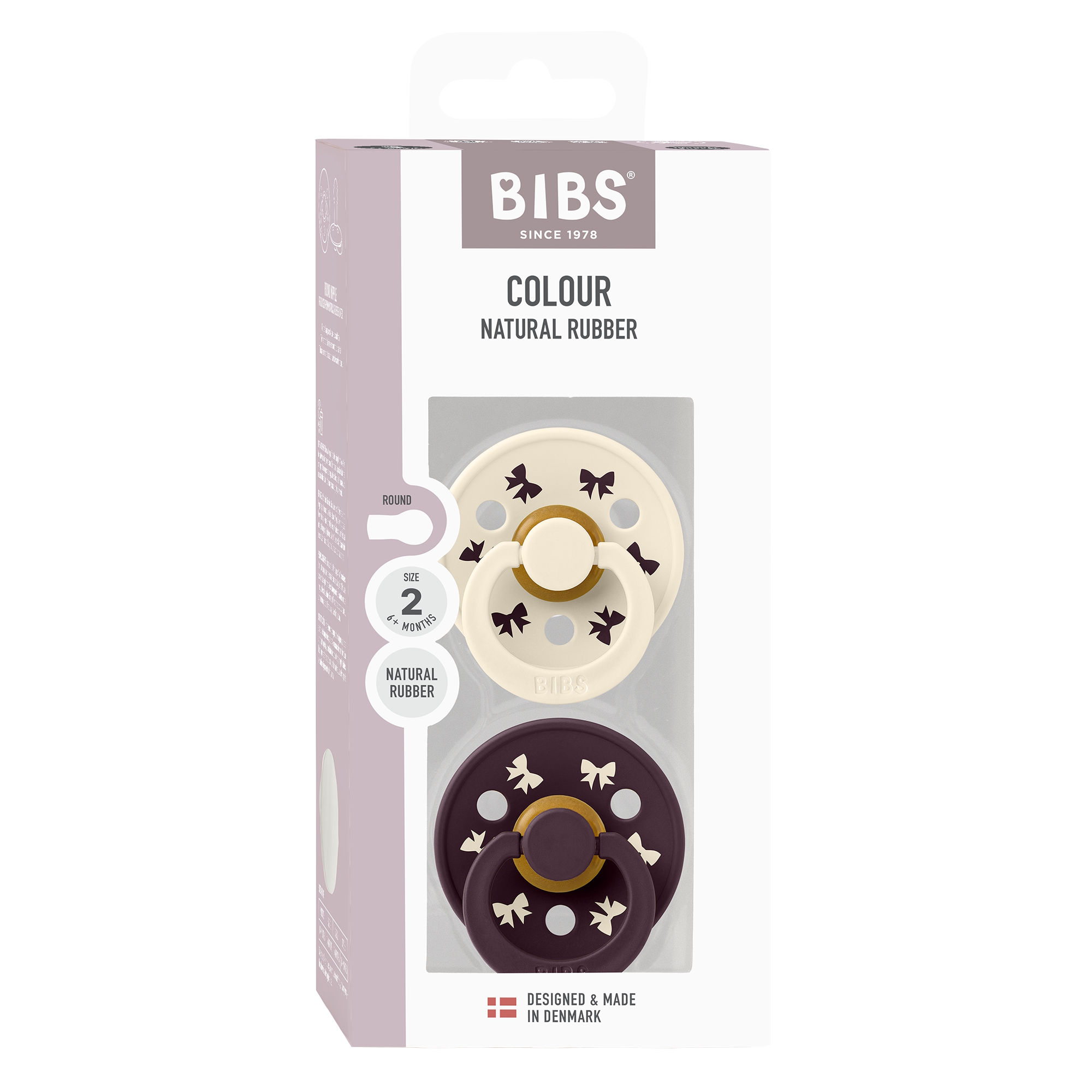 BIBS Pacifier Colour Holiday Bow 2 PACK Latex Size 2 Ivory/Plum