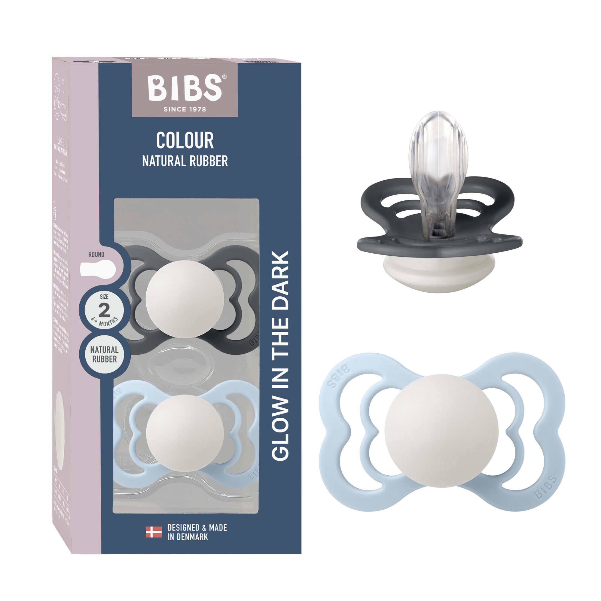 BIBS Pacifier Supreme 2 PACK Silicone Size 2 Iron Glow/Baby Blue Glow