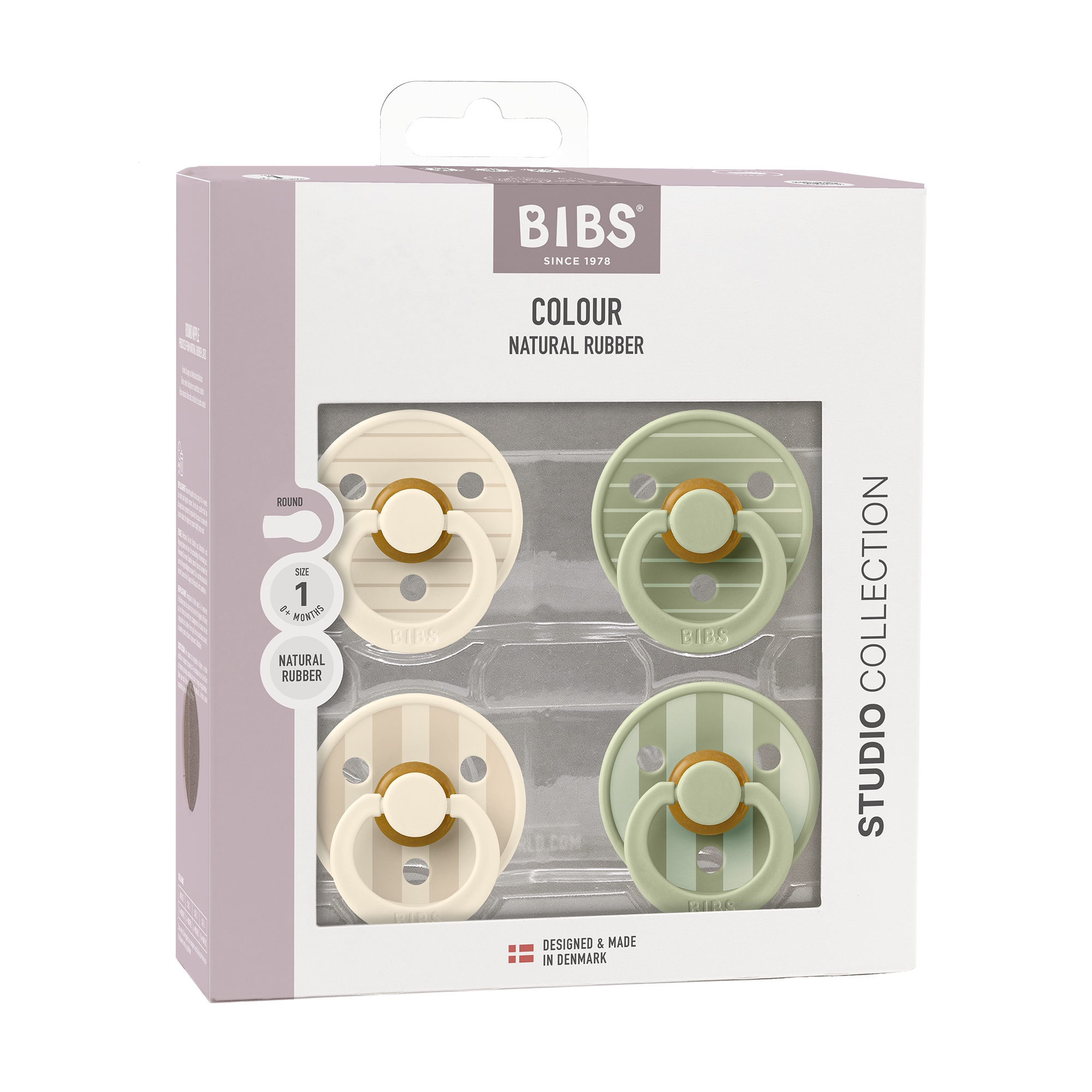 BIBS Pacifier Studio Colour 4 pack Latex Size 1 Pin Ivory Vanilla Mix/Pin Sage Mix