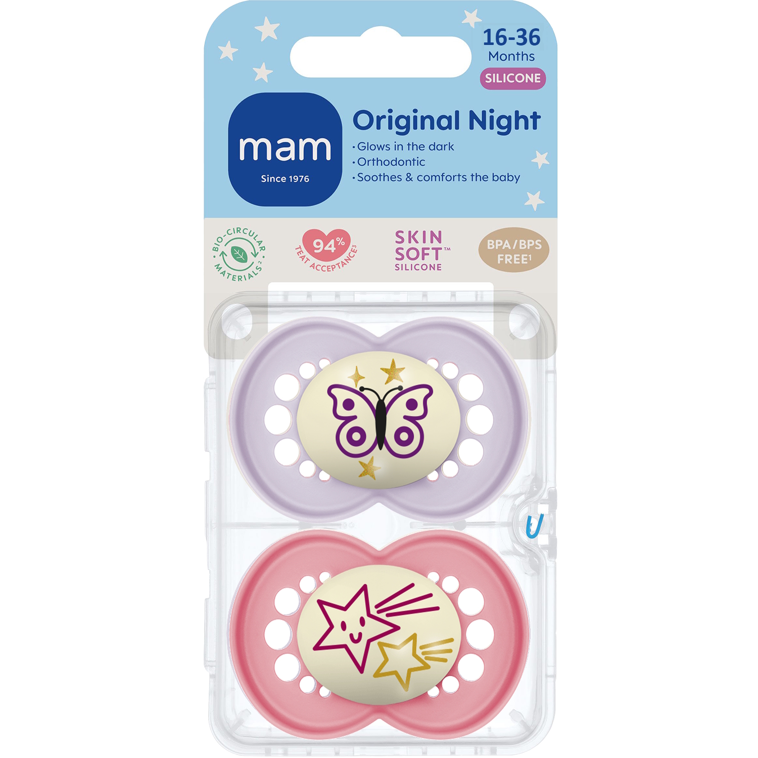 MAM Orig Night 16-36m Silk 2p Box V Pink