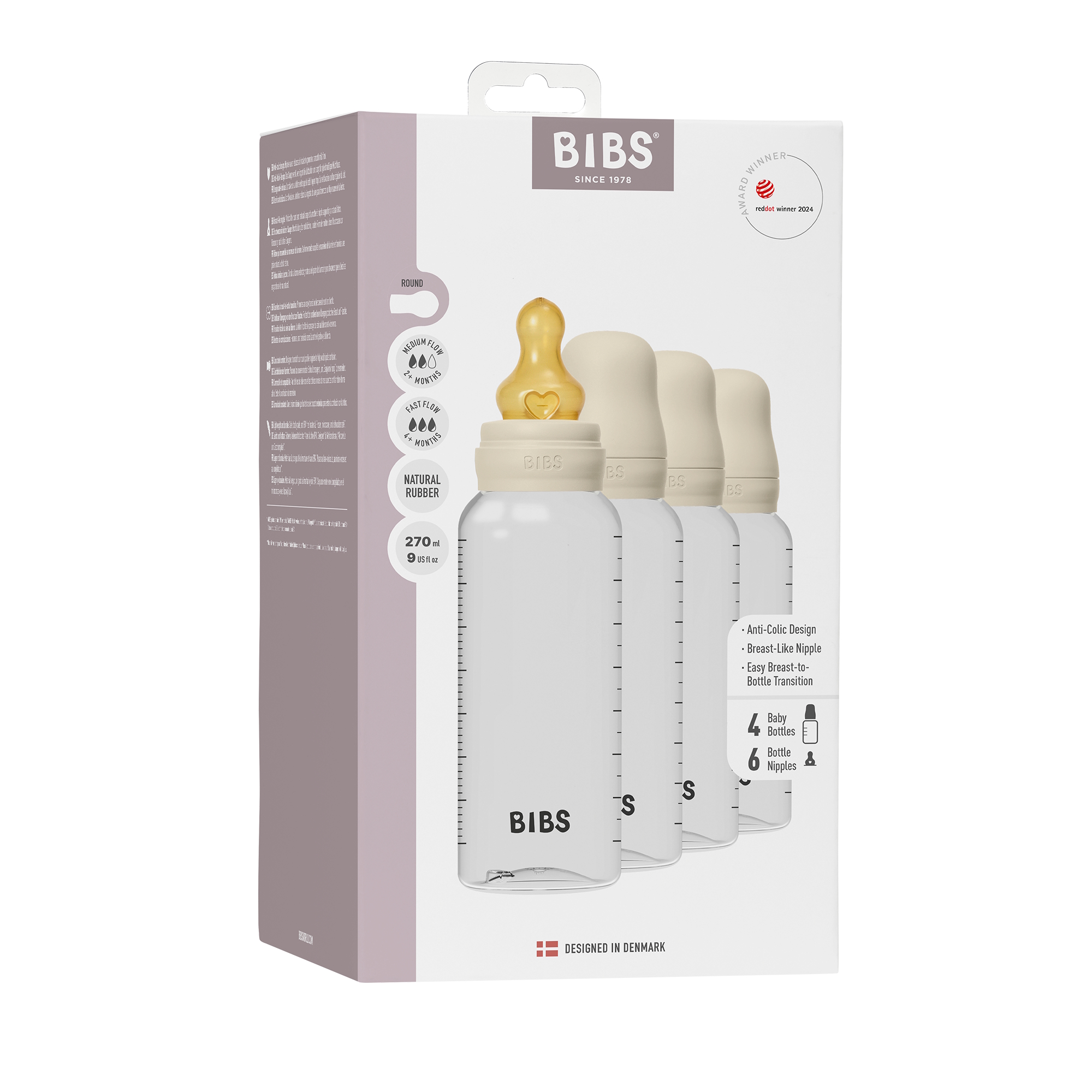 BIBS Baby Bottle Round Latex 4 pack 270 ml Ivory