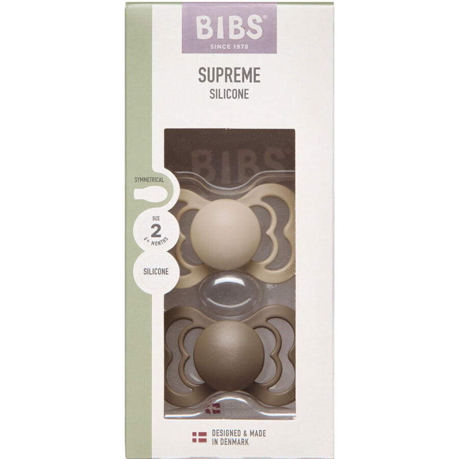BIBS Supreme Silicone Sut Str. 2, Vanilla/Dark Oak, Symetrisk