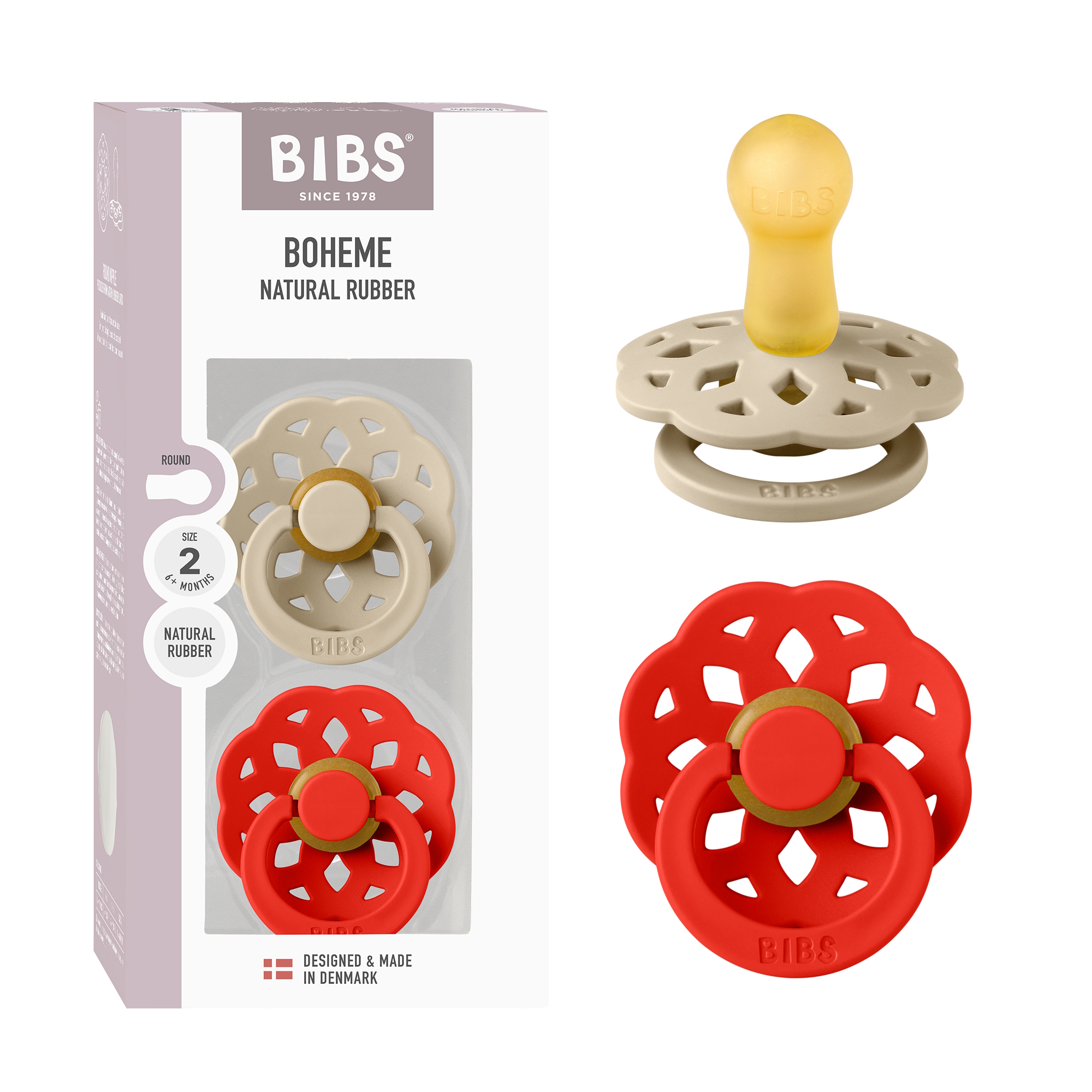 BIBS Pacifier Boheme 2 PACK Latex Size 2 Vanilla/Candy Apple