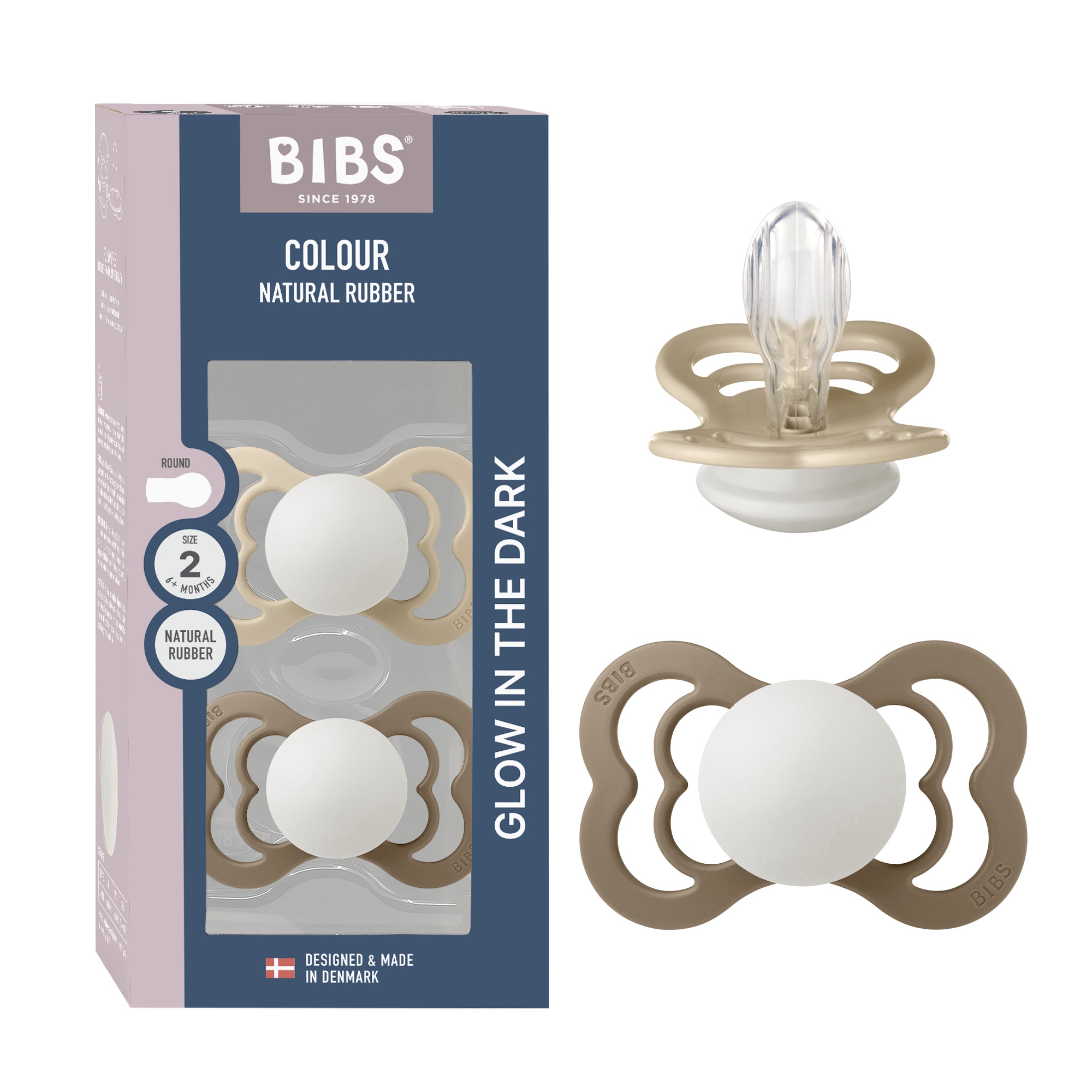 BIBS Pacifier Supreme 2 PACK Silicone Size 2 Vanilla Glow/Dark Oak Glow