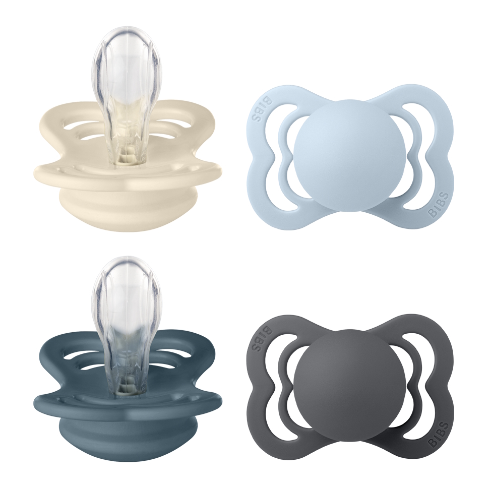 BIBS Pacifier Supreme 4 PACK Silicone Size 1 Ivory/Baby Blue/Petrol/Iron