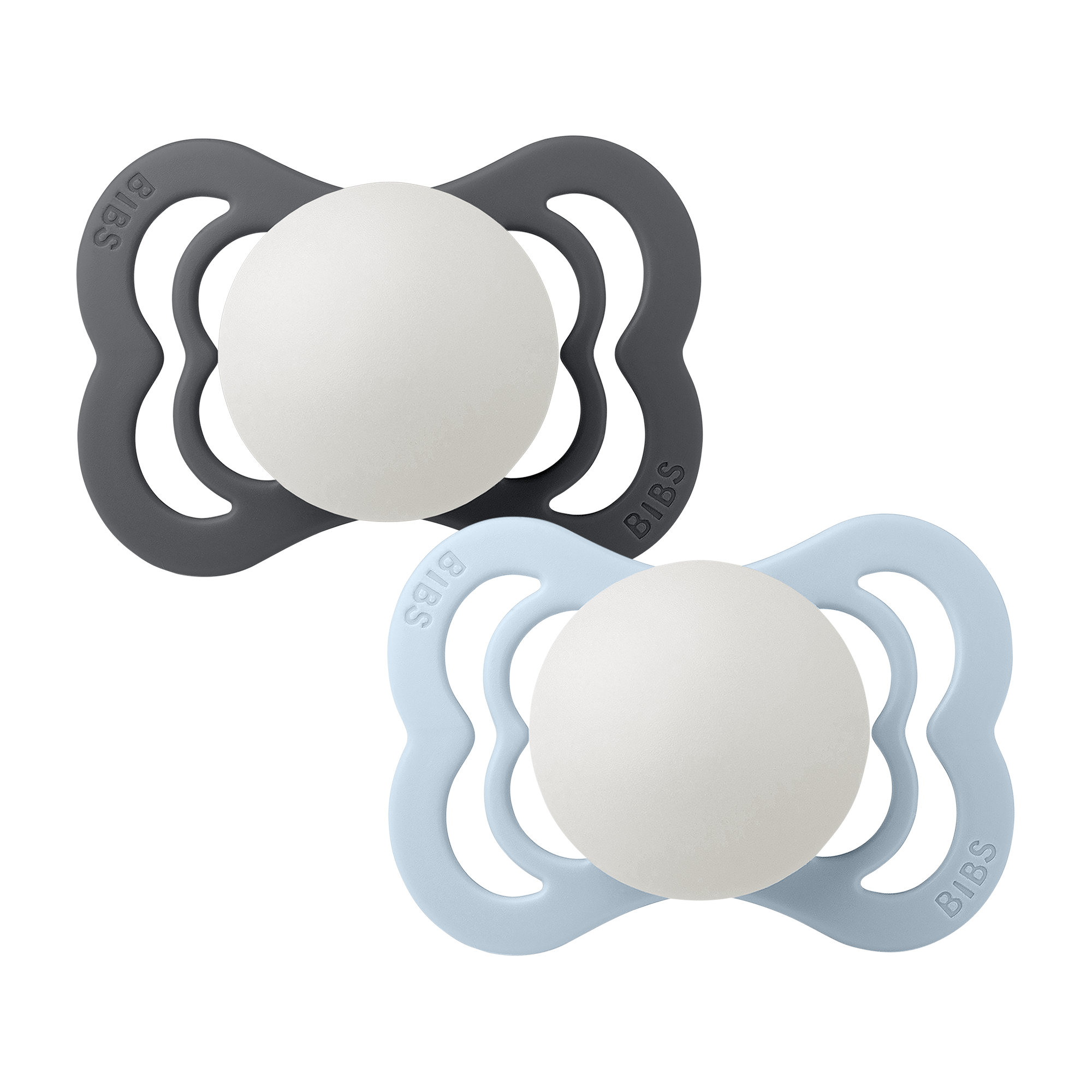 BIBS Pacifier Supreme 2 PACK Silicone Size 1 Iron Glow/Baby Blue Glow