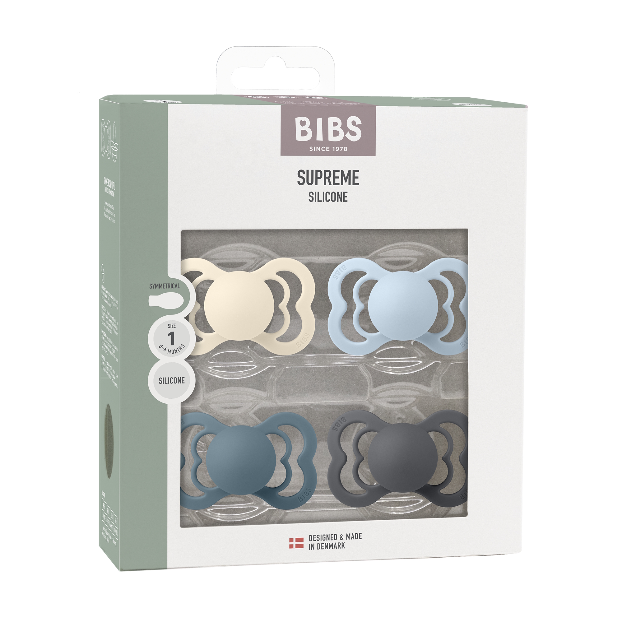 BIBS Pacifier Supreme 4 PACK Silicone Size 1 Ivory/Baby Blue/Petrol/Iron