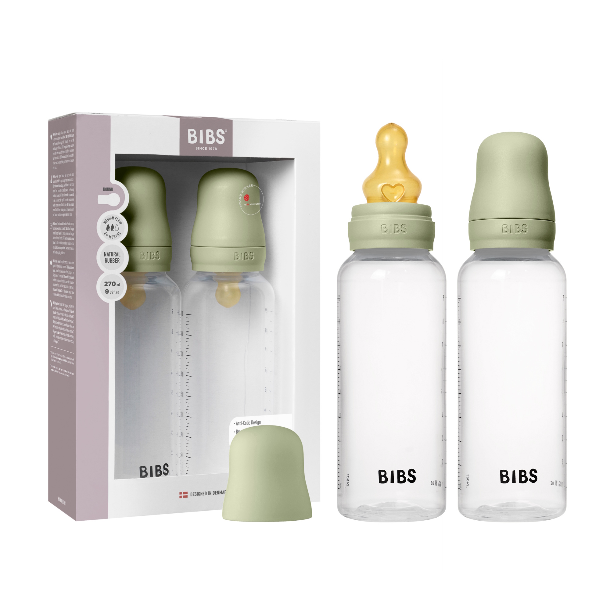 BIBS Baby Bottle Round Latex 2 pack 270 ml Medium Flow Sage