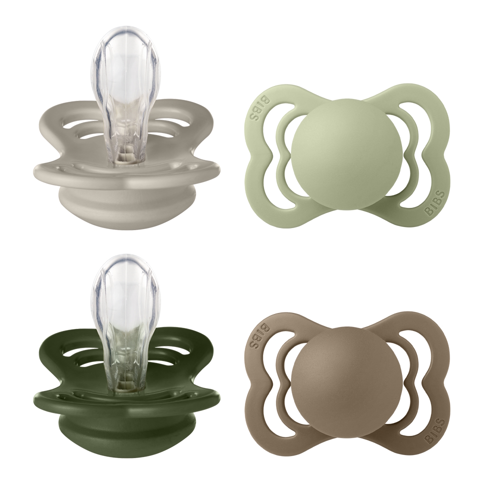 BIBS Pacifier Supreme 4 PACK Silicone Size 1 Sand/Sage/Huntergreen/Dark Oak