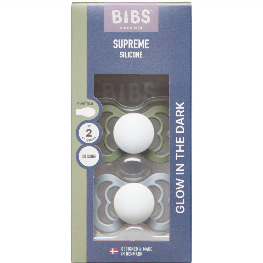 BIBS Supreme Silicone Glow Sut Str. 2, Sage Glow/Cloud Glow, Symetrisk