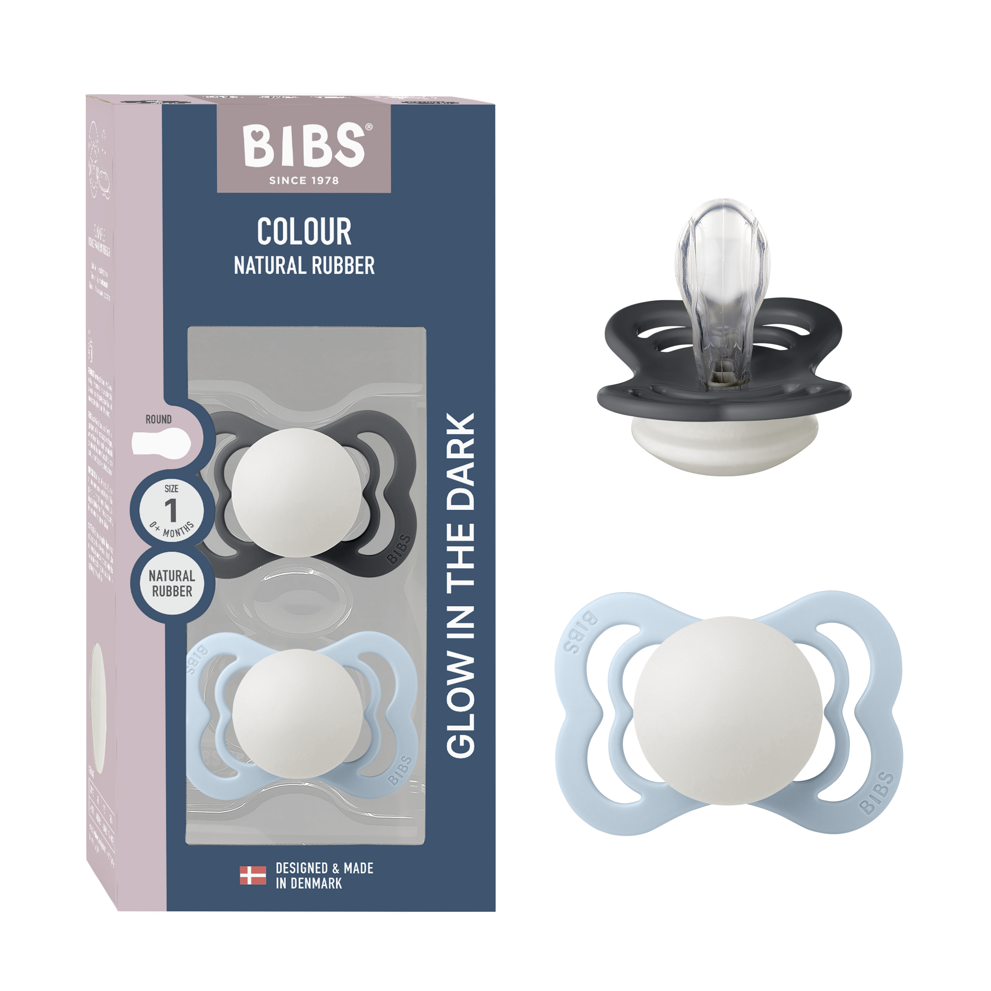 BIBS Pacifier Supreme 2 PACK Silicone Size 1 Iron Glow/Baby Blue Glow