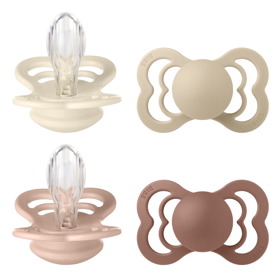 BIBS Pacifier Supreme 4 PACK Silicone Size 2 Ivory/Vanilla/Blush/Woodchuck