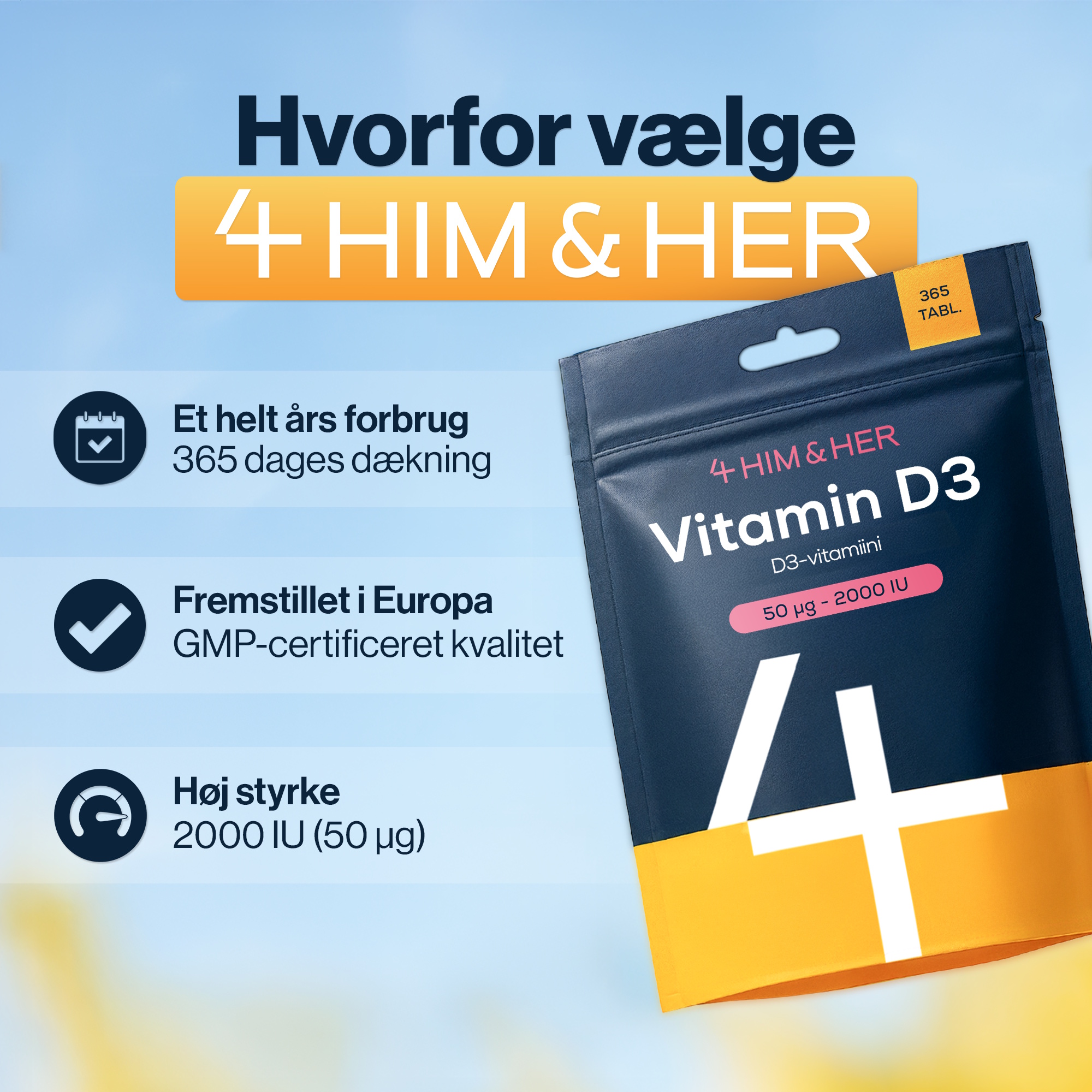 4 HIM & HER D Vitamin 50 µg (2000 IU) - Vitamin D3 Tilskud