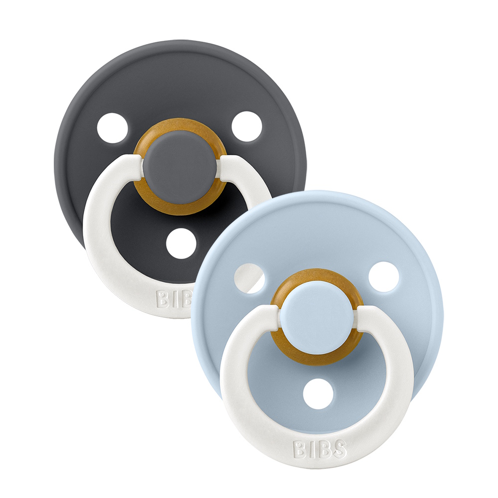 BIBS Pacifier Colour 2 PACK Latex Size 2 Iron GLOW/Baby Blue GLOW
