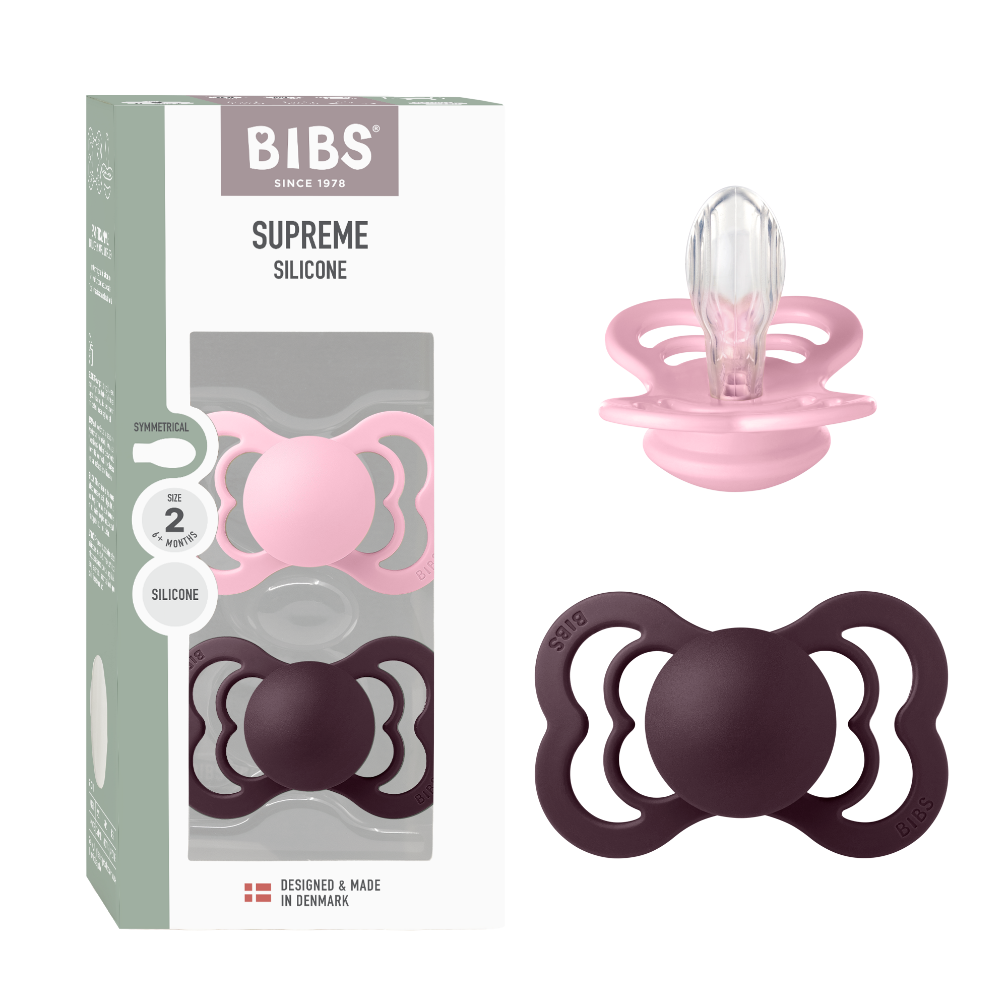 BIBS Pacifier Supreme 2 PACK Silicone Size 2 Baby Pink/Plum