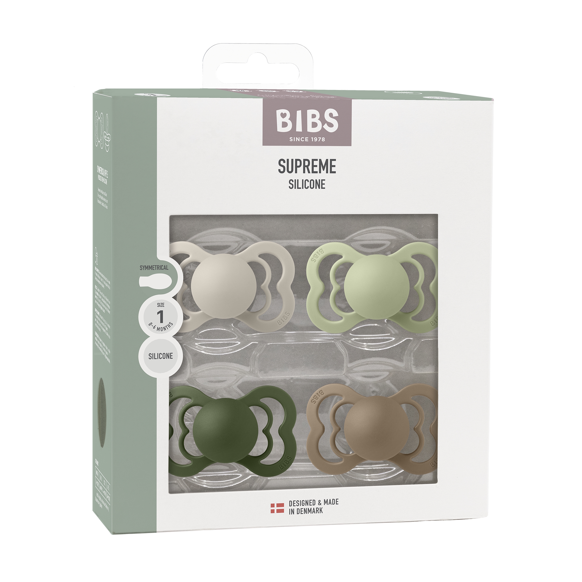 BIBS Pacifier Supreme 4 PACK Silicone Size 1 Sand/Sage/Huntergreen/Dark Oak