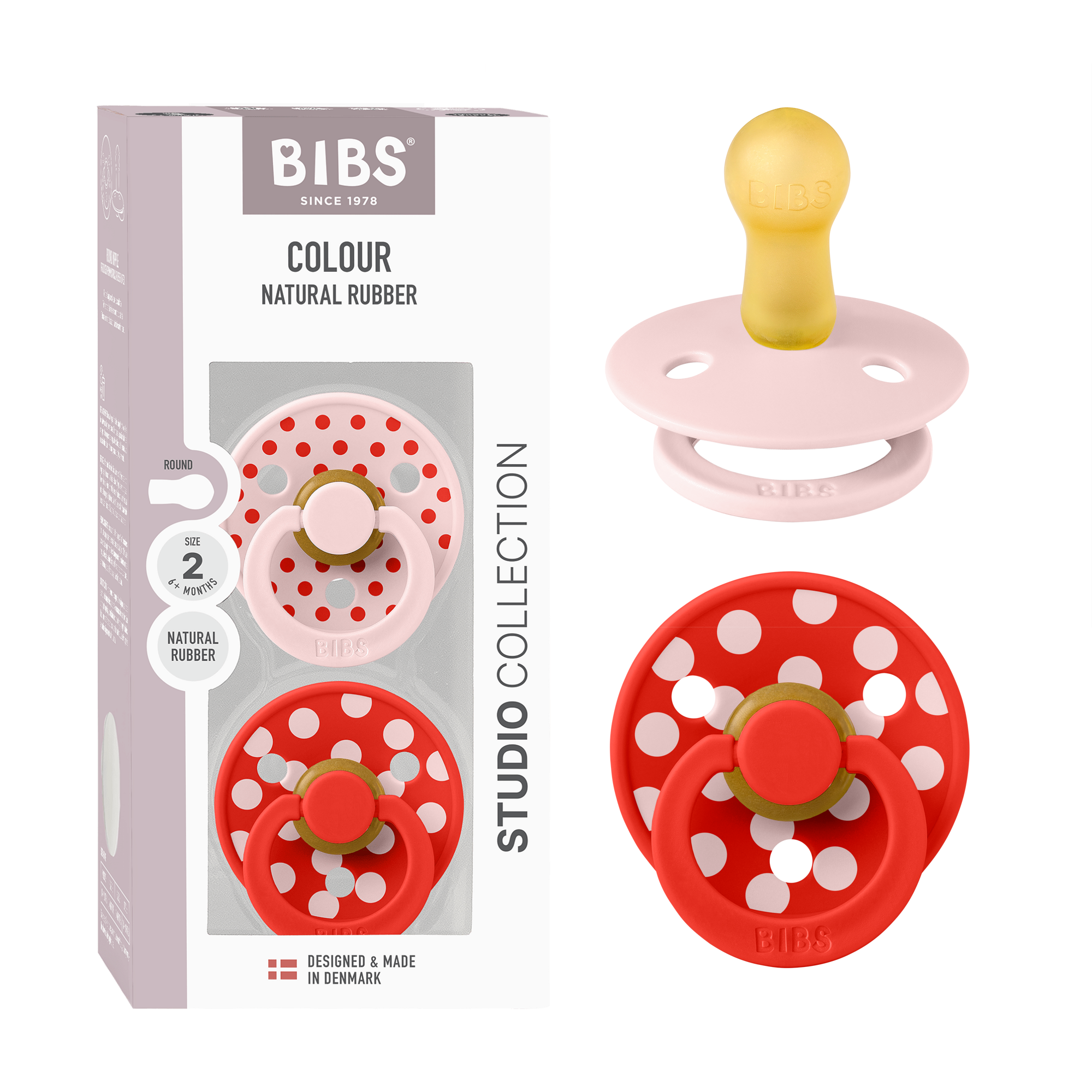 BIBS Pacifier Studio Colour 2 PACK Polka Latex Size 2 Blossom/Candy Apple