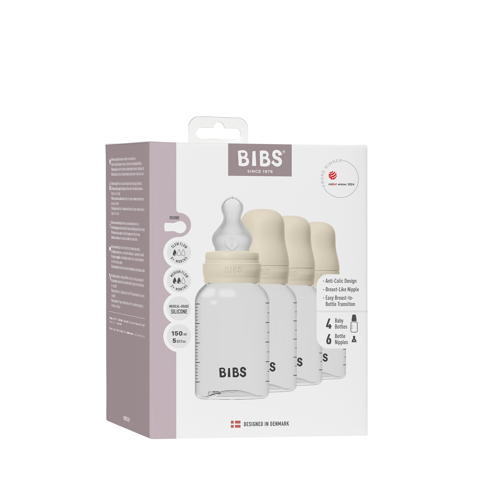 BIBS Baby Bottle Round Silicone 4 pack 150 ml Ivory