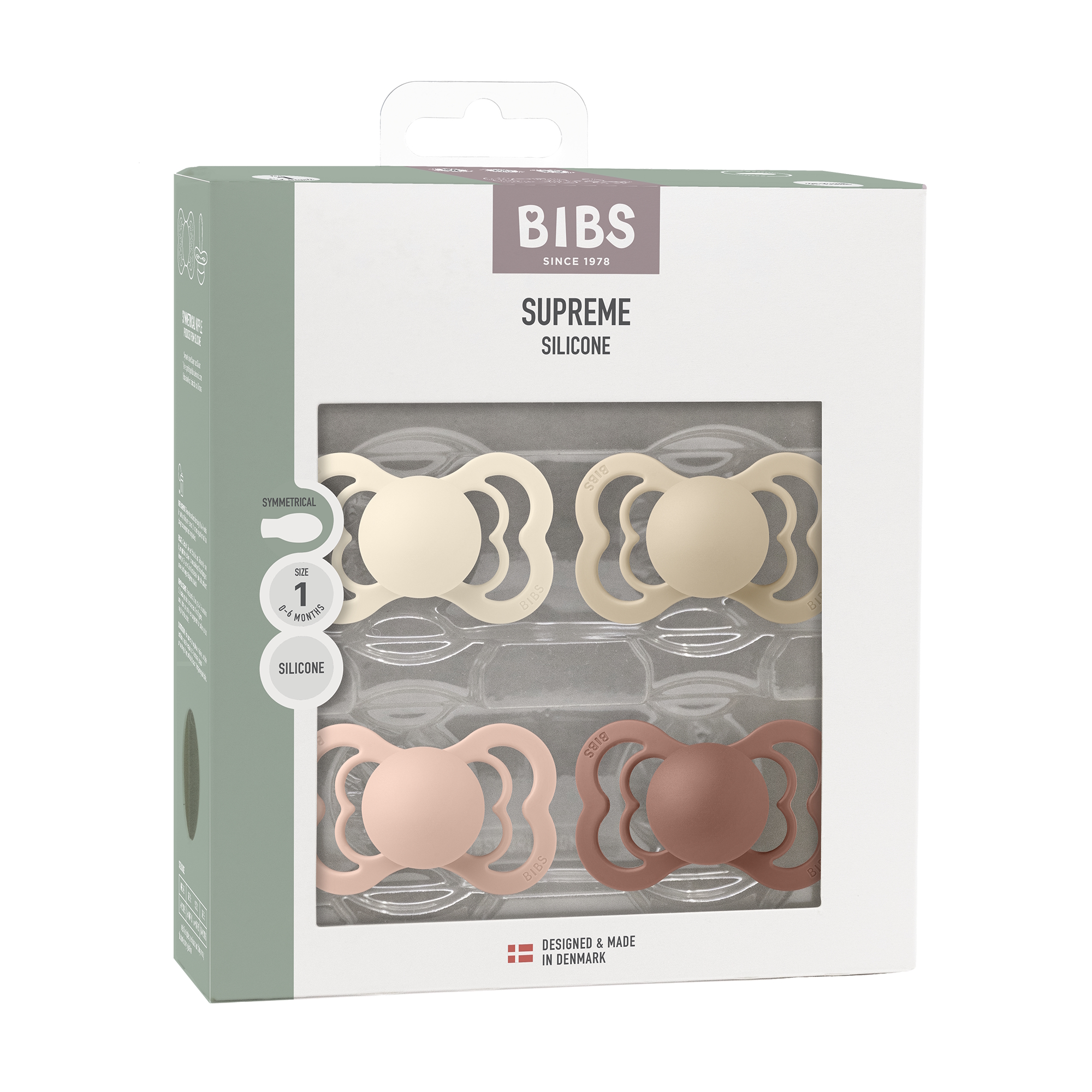BIBS Pacifier Supreme 4 PACK Silicone Size 1 Ivory/Vanilla/Blush/Woodchuck