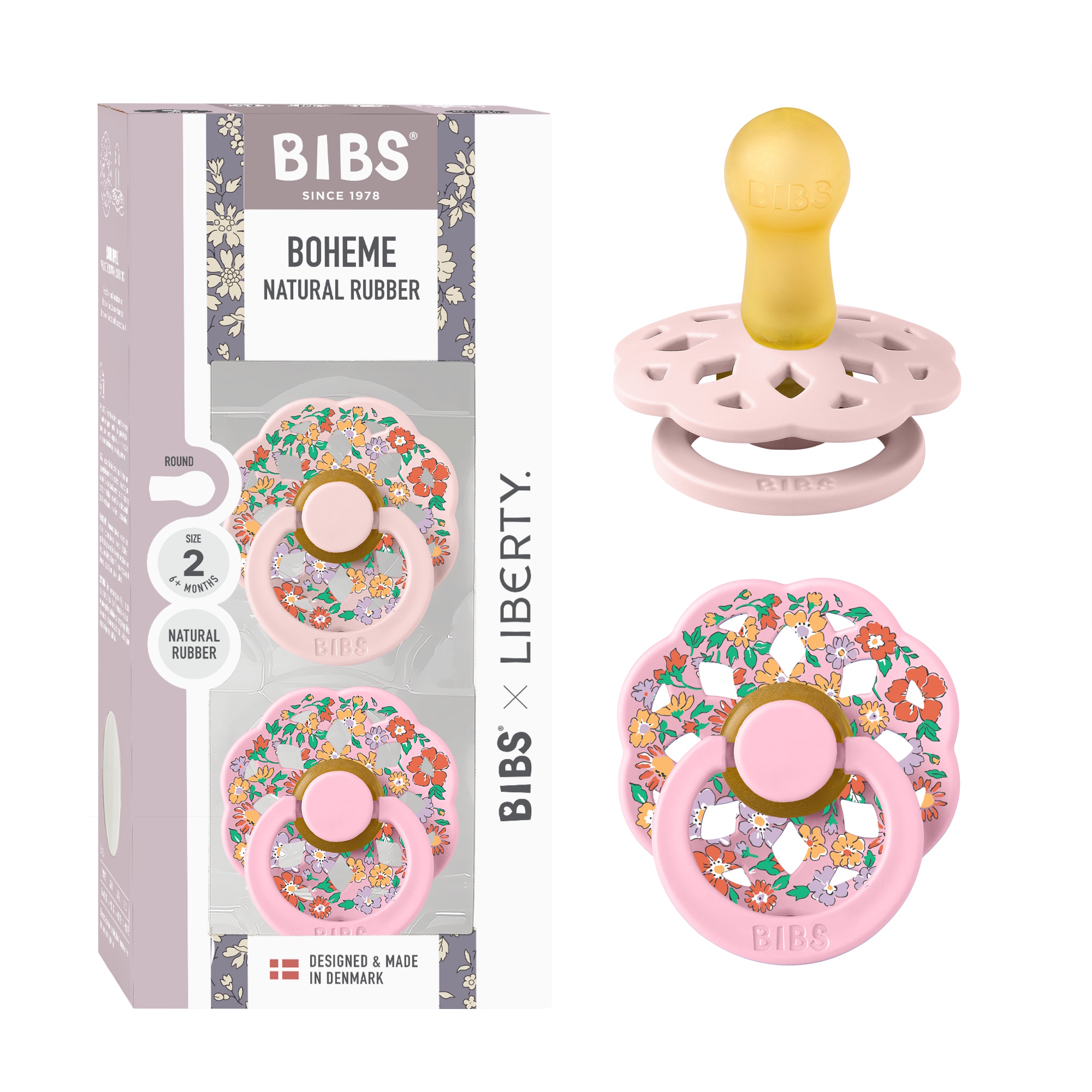 BIBS x Liberty Pacifier Boheme 2 PACK Oscar Meadow Latex Size 2 Blossom Mix