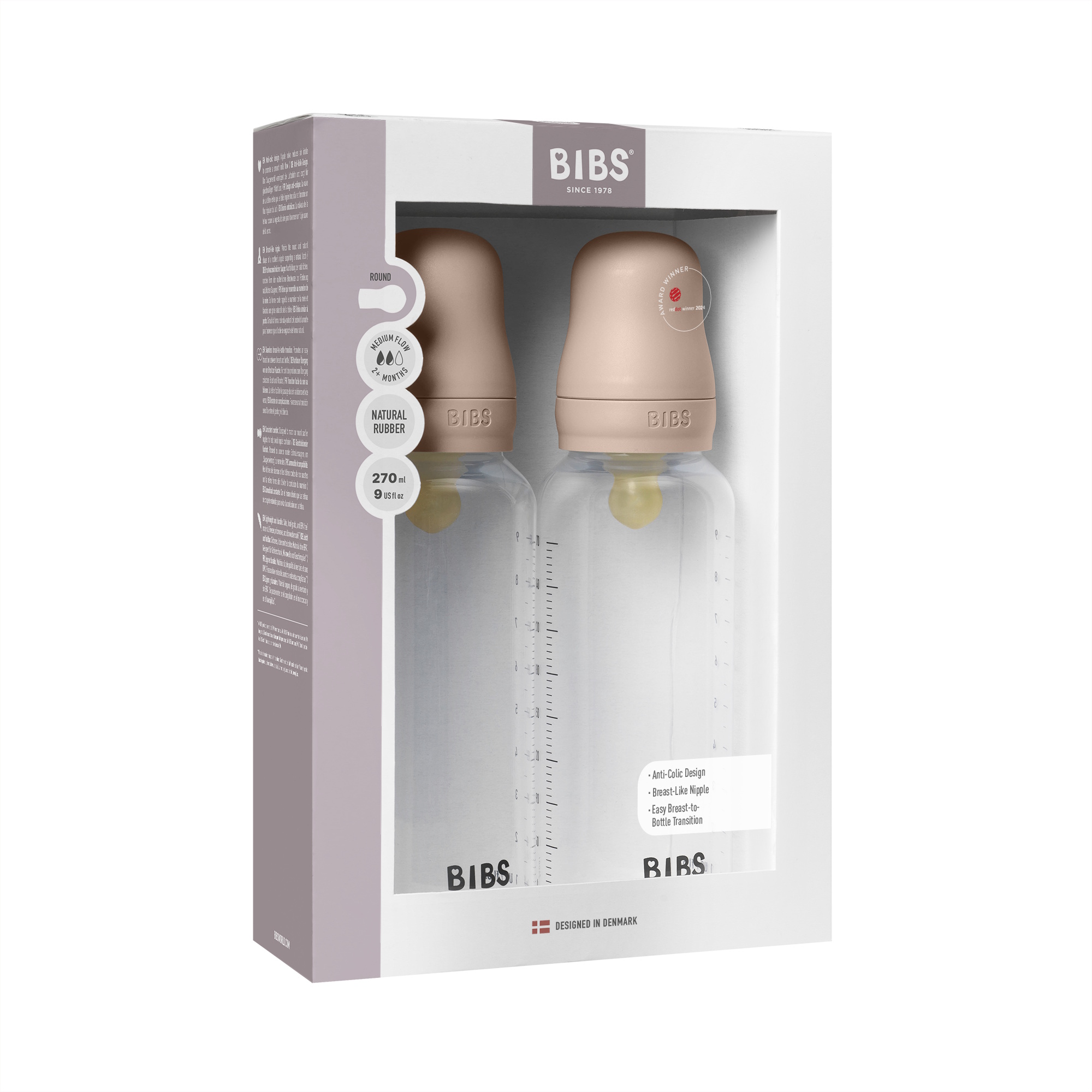 BIBS Baby Bottle Round Latex 2 pack 270 ml Medium Flow Blush