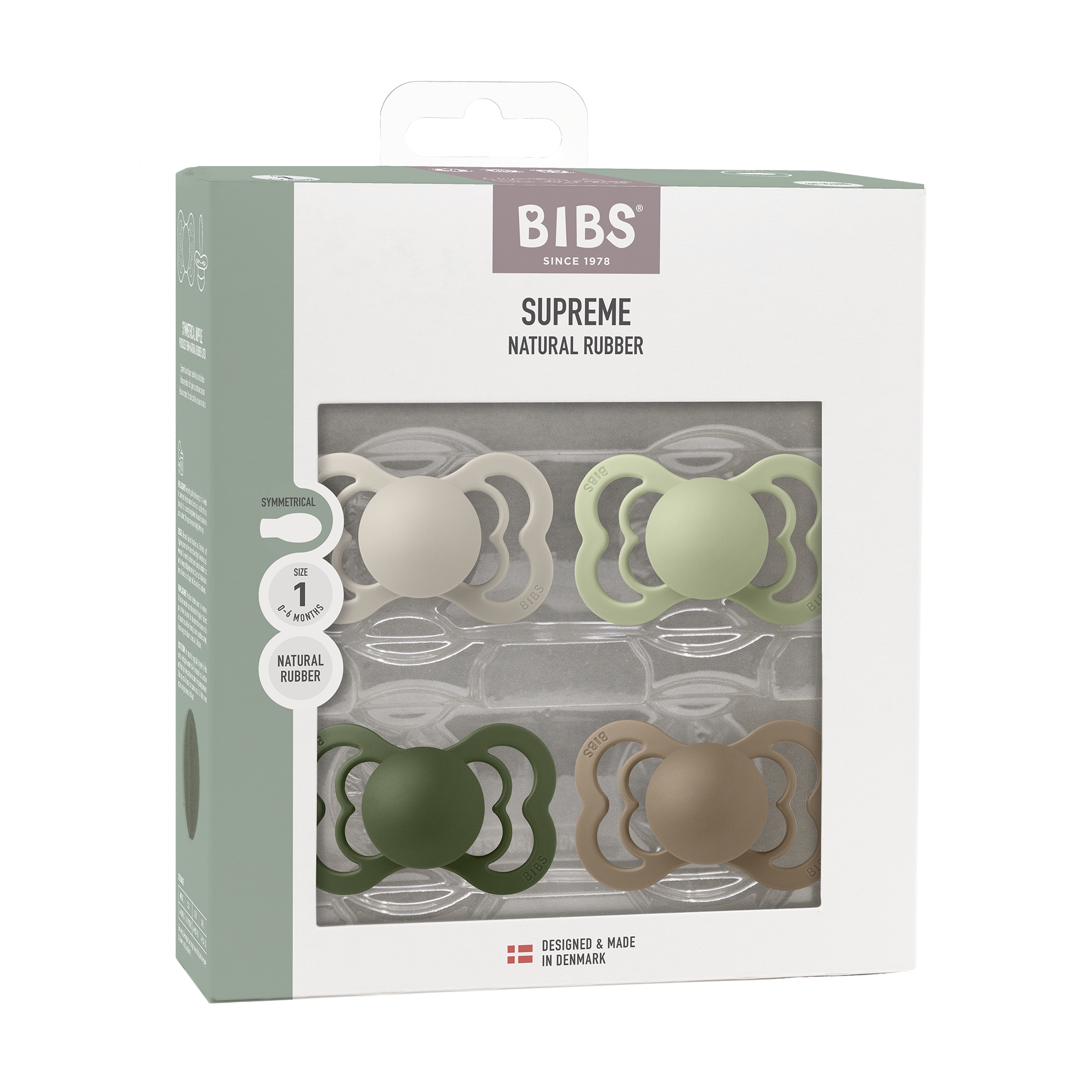 BIBS Pacifier Supreme 4 PACK Latex Size 1 Sand/Sage/Hunter Green/Dark Oak