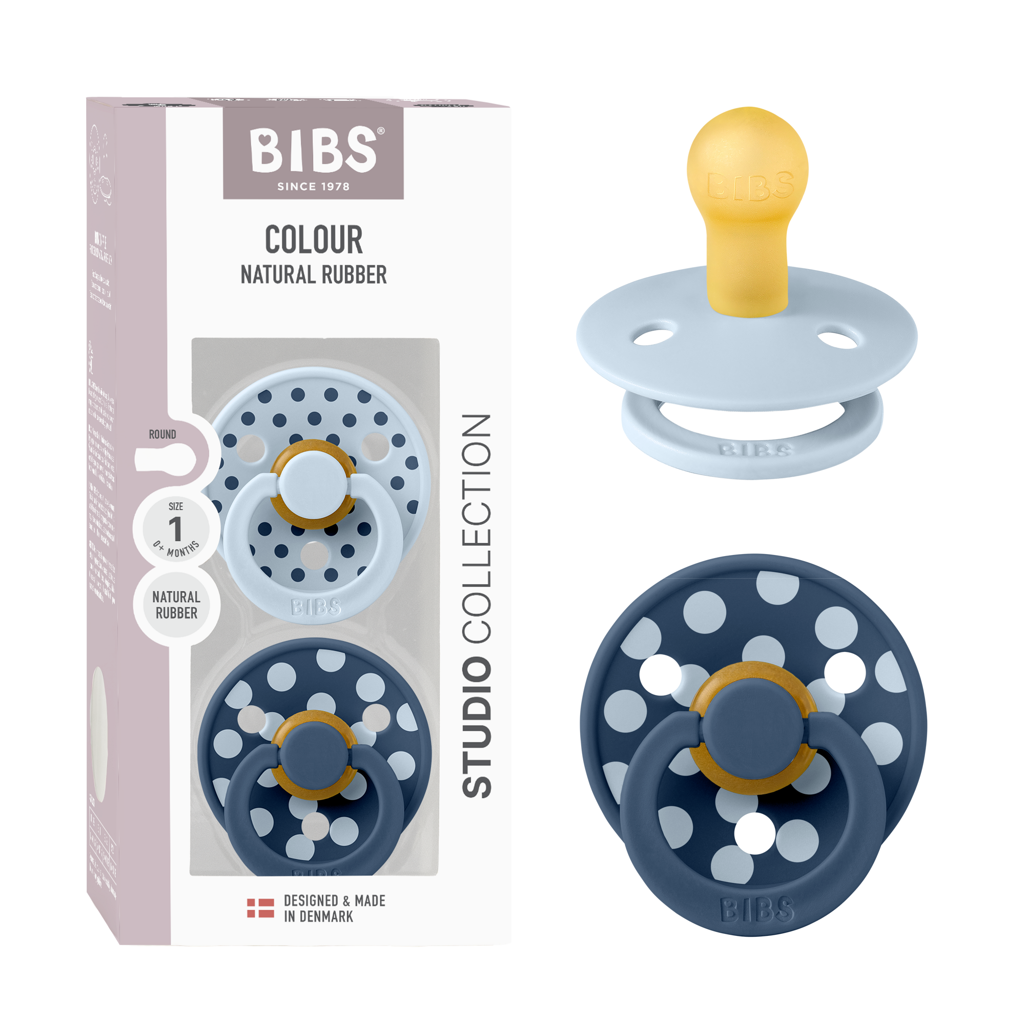 BIBS Pacifier Studio Colour 2 PACK Polka Latex Size 1 Baby Blue/Steel Blue