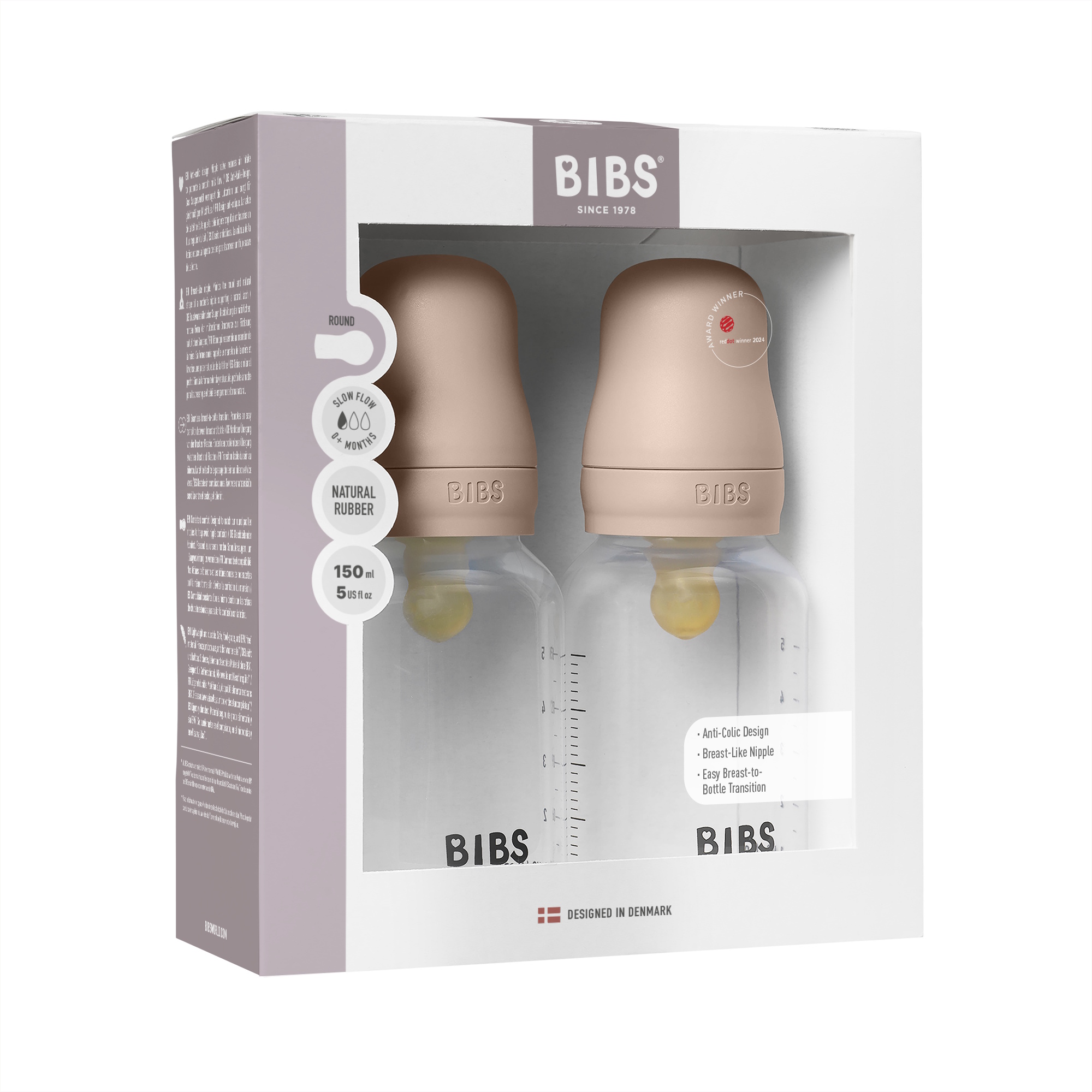 BIBS Baby Bottle Round Latex 2 pack 150 ml Slow Flow Blush