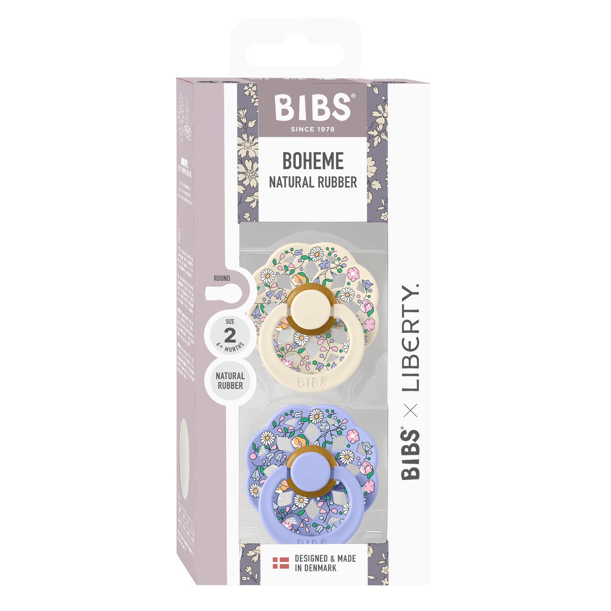 BIBS x Liberty Pacifier Boheme 2 PACK Chloe Meadow Latex Size 2 Ivory Mix