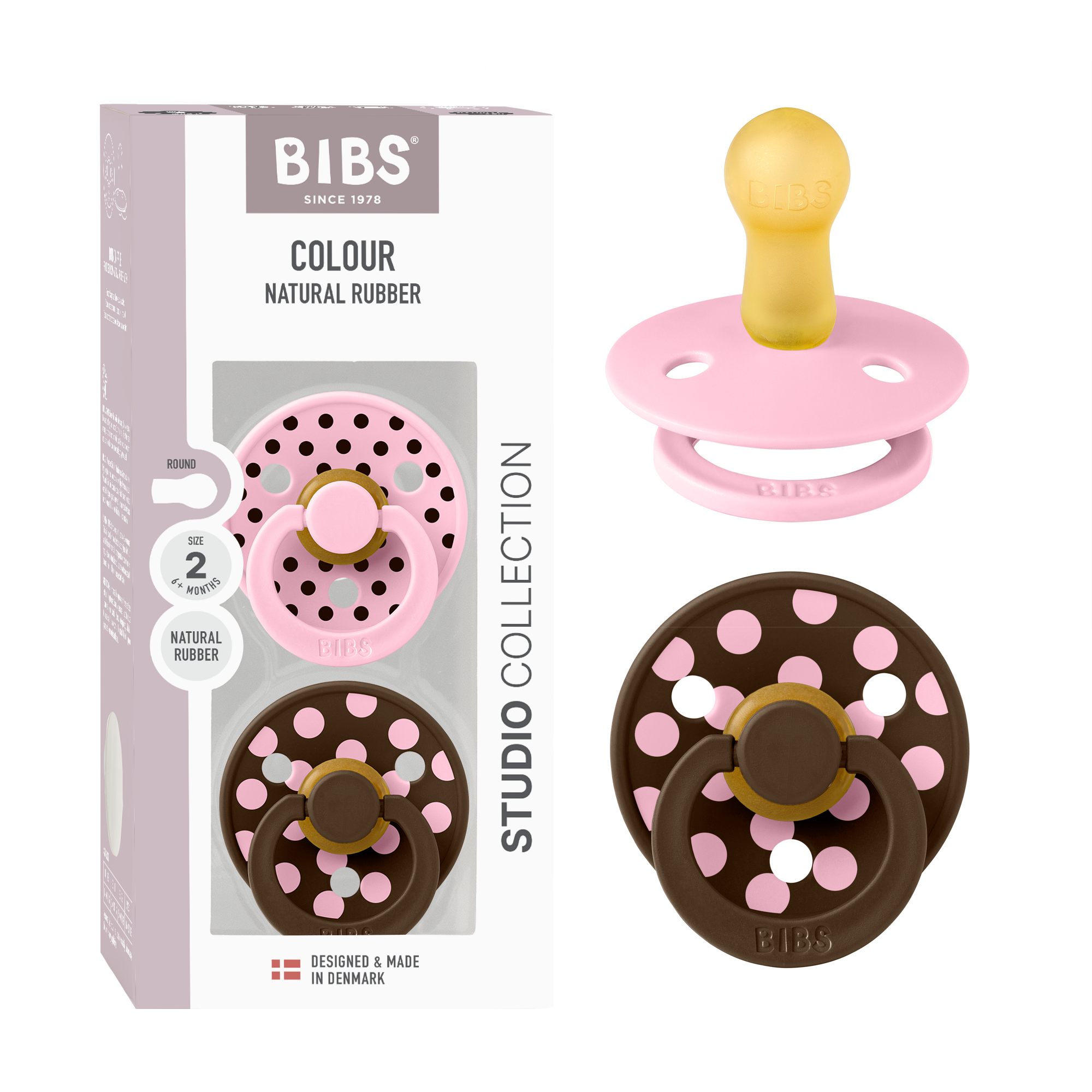BIBS Pacifier Studio Colour 2 PACK Polka Latex Size 2 Baby Pink/Mocha