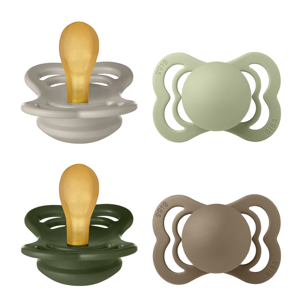 BIBS Pacifier Supreme 4 PACK Latex Size 1 Sand/Sage/Hunter Green/Dark Oak