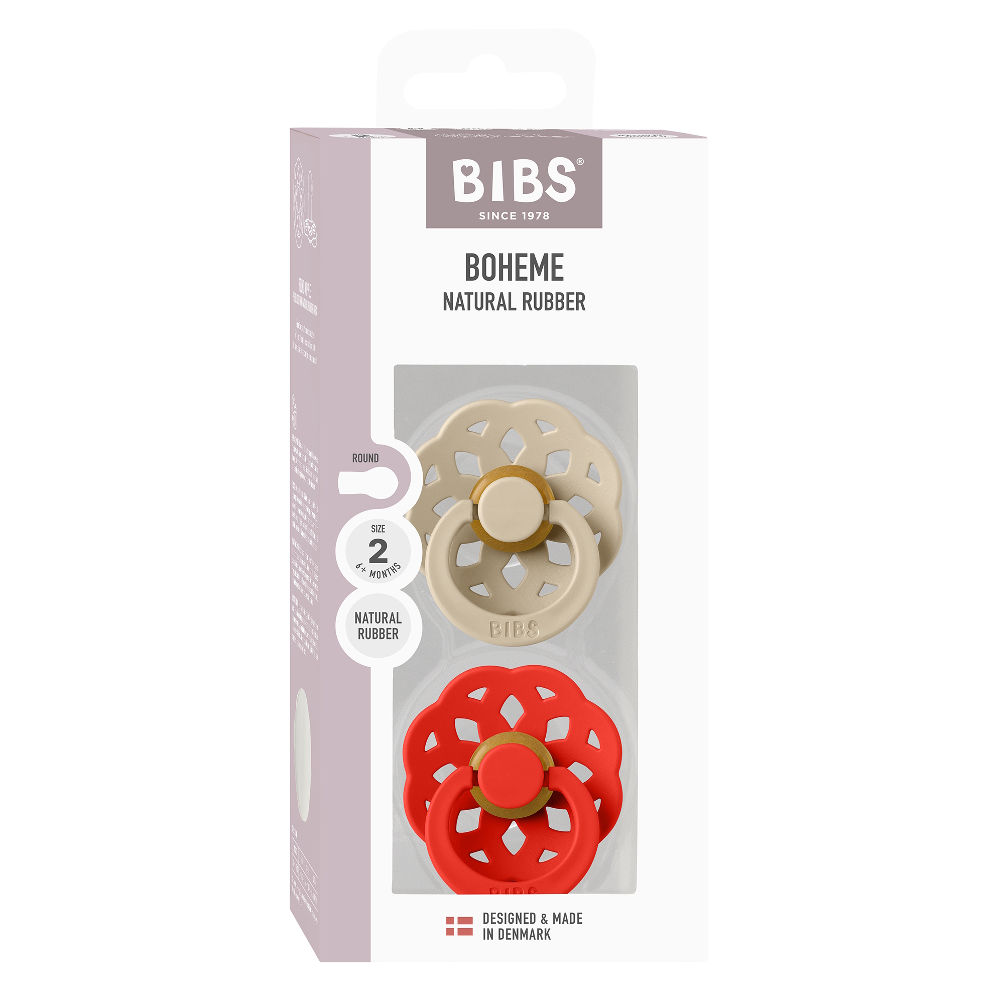 BIBS Pacifier Boheme 2 PACK Latex Size 2 Vanilla/Candy Apple