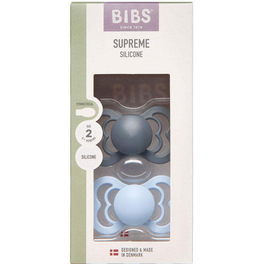 BIBS Supreme Silicone Sut Str. 2, Iron/Baby Blue, Symetrisk