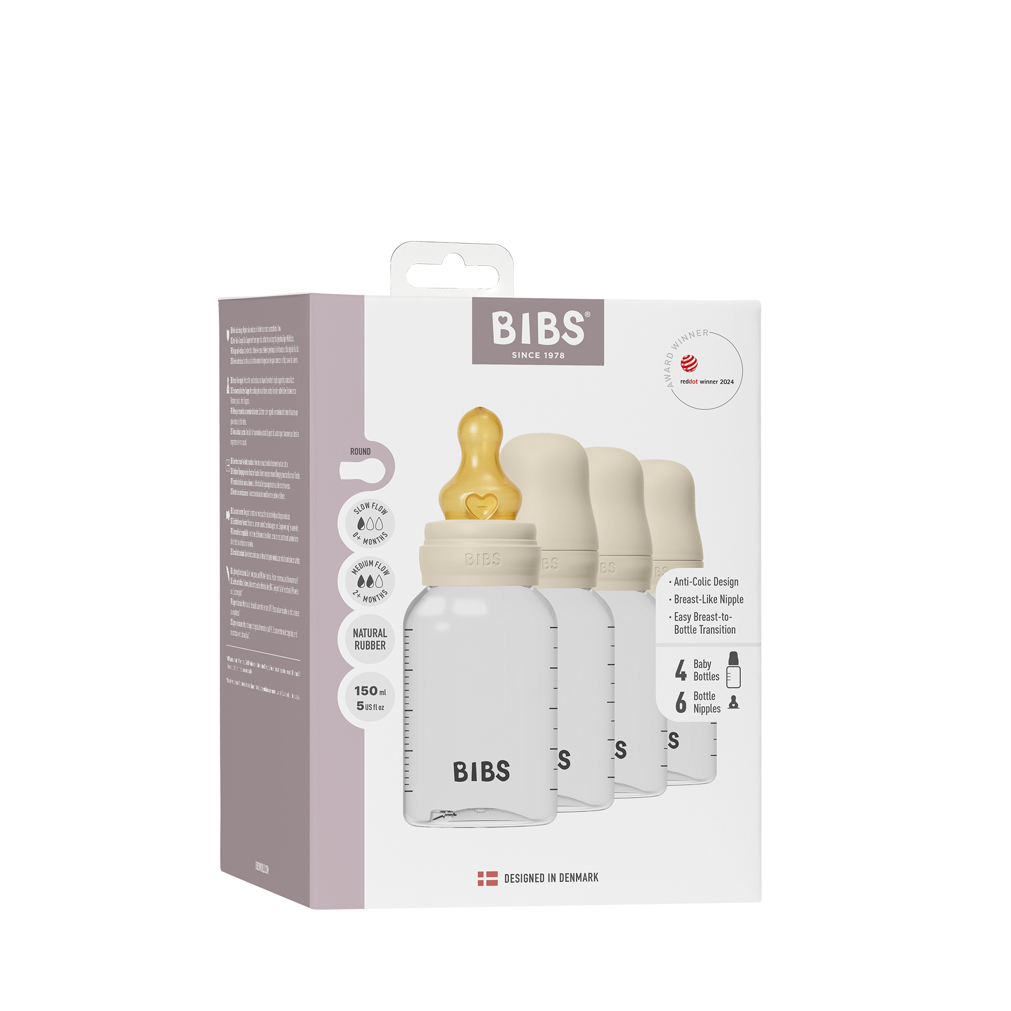 BIBS Baby Bottle Round Latex 4 pack 150 ml Ivory