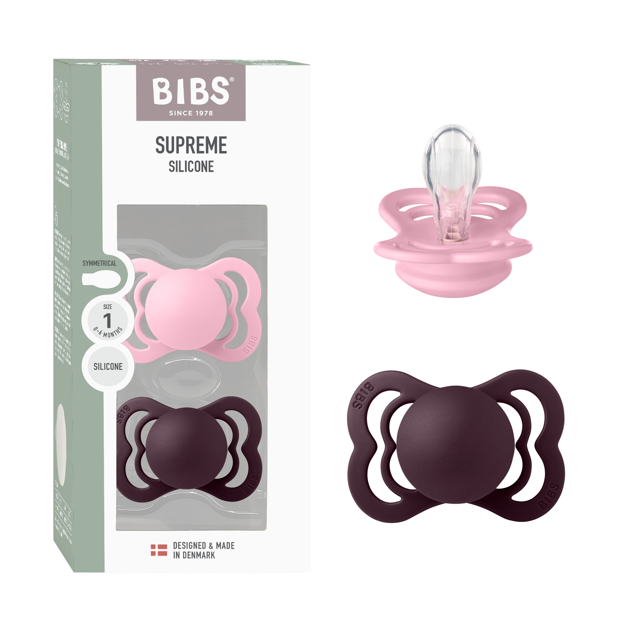 BIBS Pacifier Supreme 2 PACK Silicone Size 1 Baby Pink/Plum