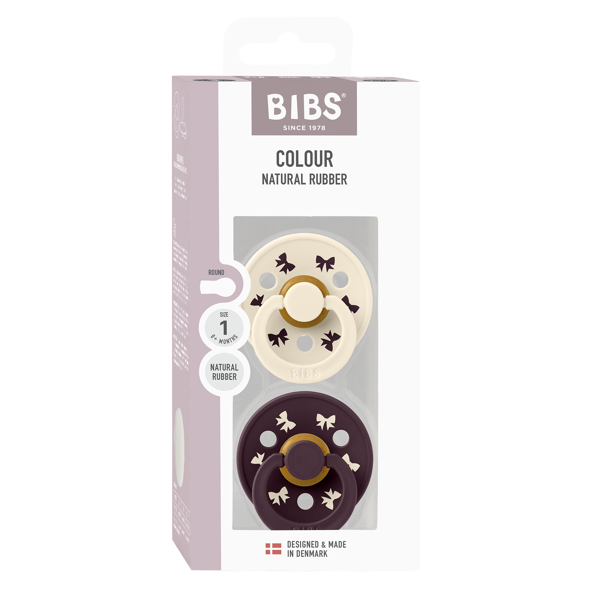 BIBS Pacifier Colour Holiday Bow 2 PACK Latex Size 1 Ivory/Plum