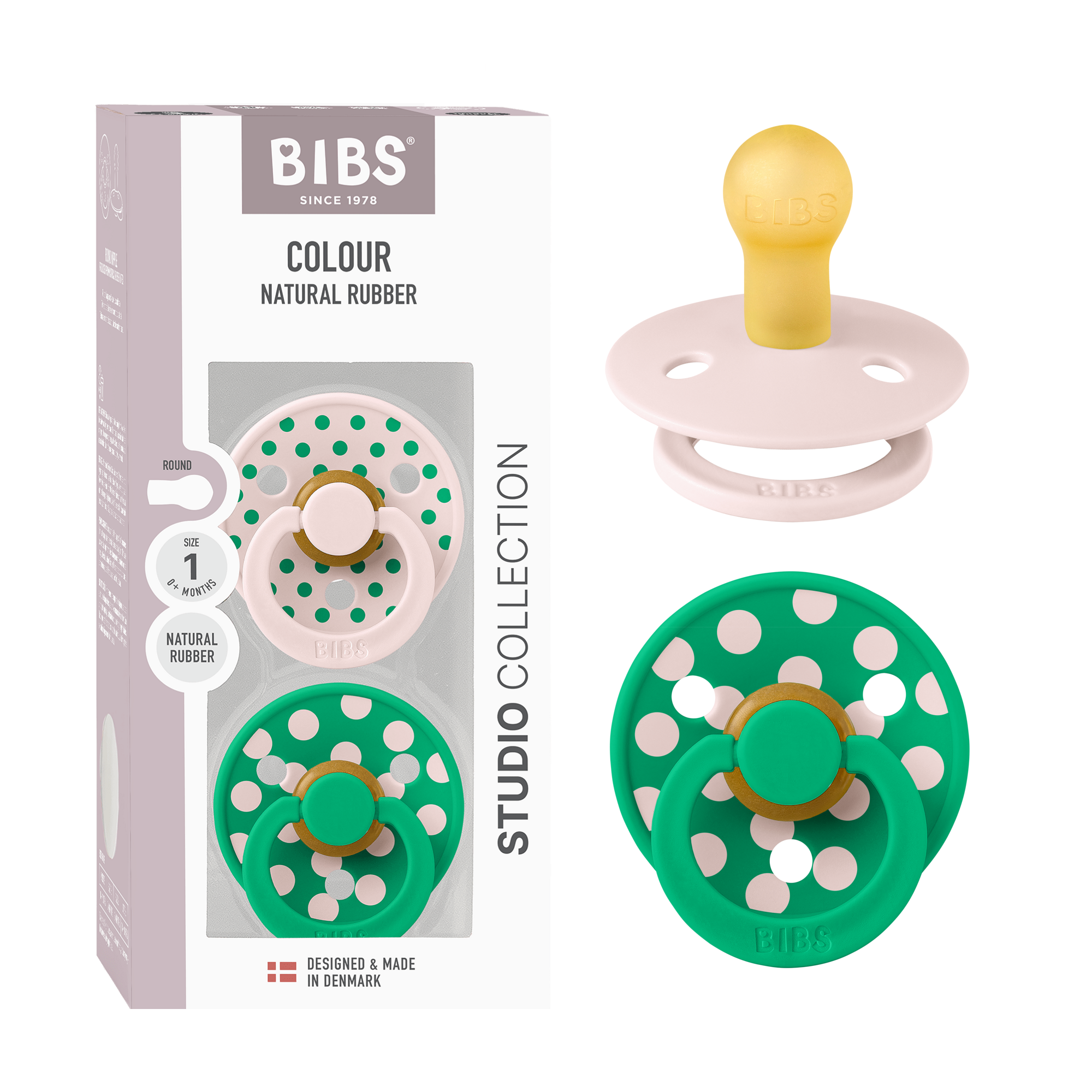 BIBS Pacifier Studio Colour 2 PACK Polka Latex Size 1 Petal/Cactus