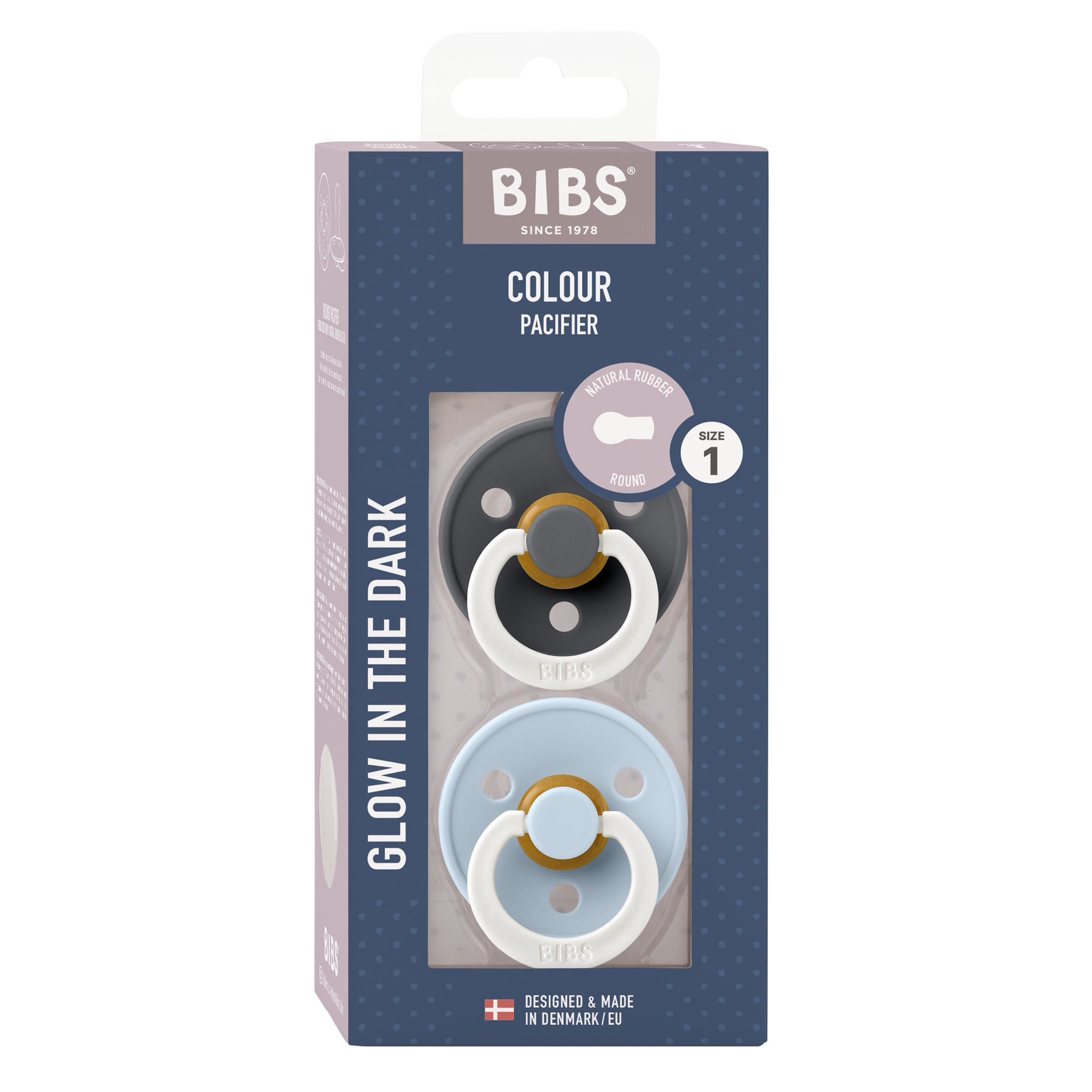 BIBS Pacifier Colour 2 PACK Latex Size 1 Iron GLOW/Baby Blue GLOW