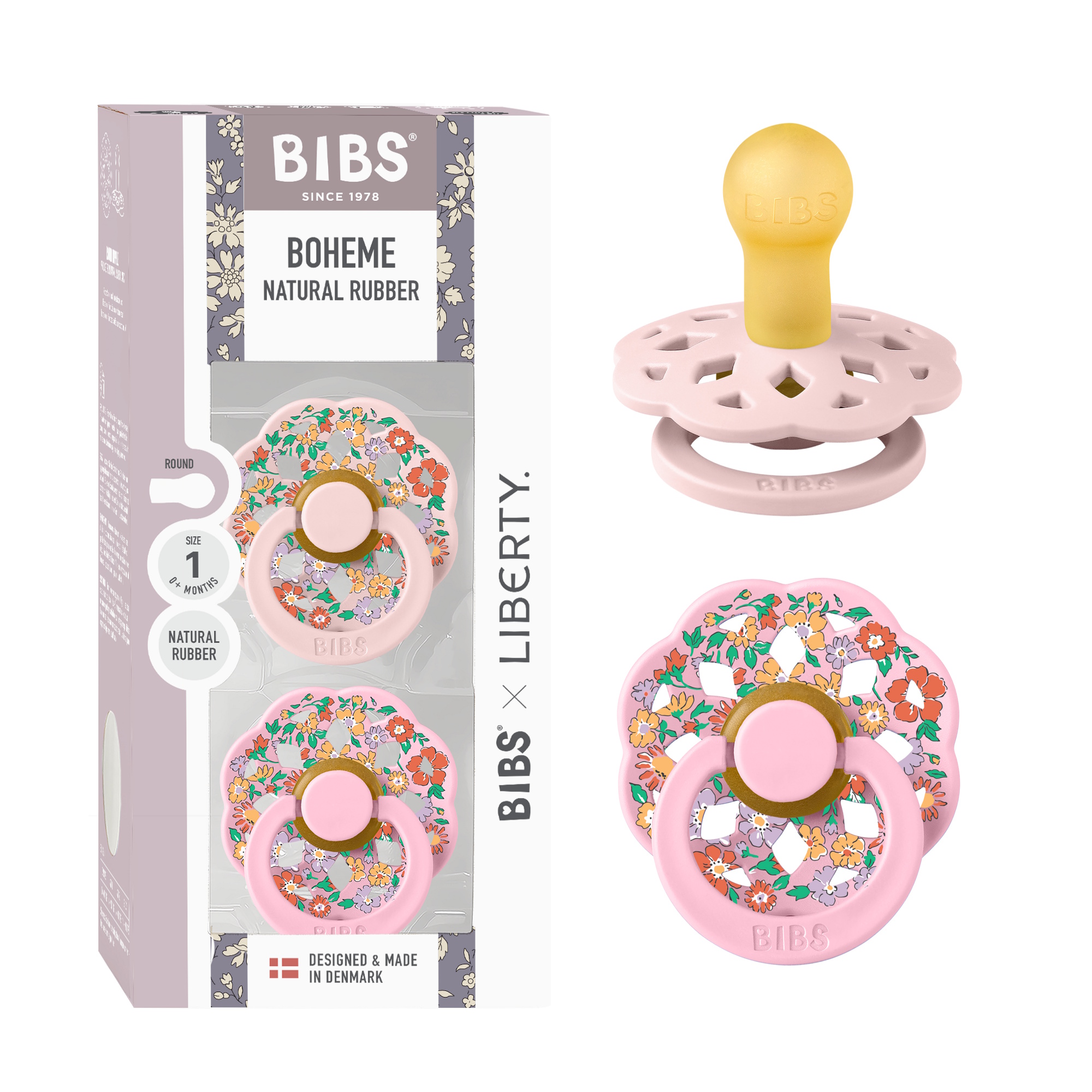 BIBS x Liberty Pacifier Boheme 2 PACK Oscar Meadow Latex Size 1 Blossom Mix