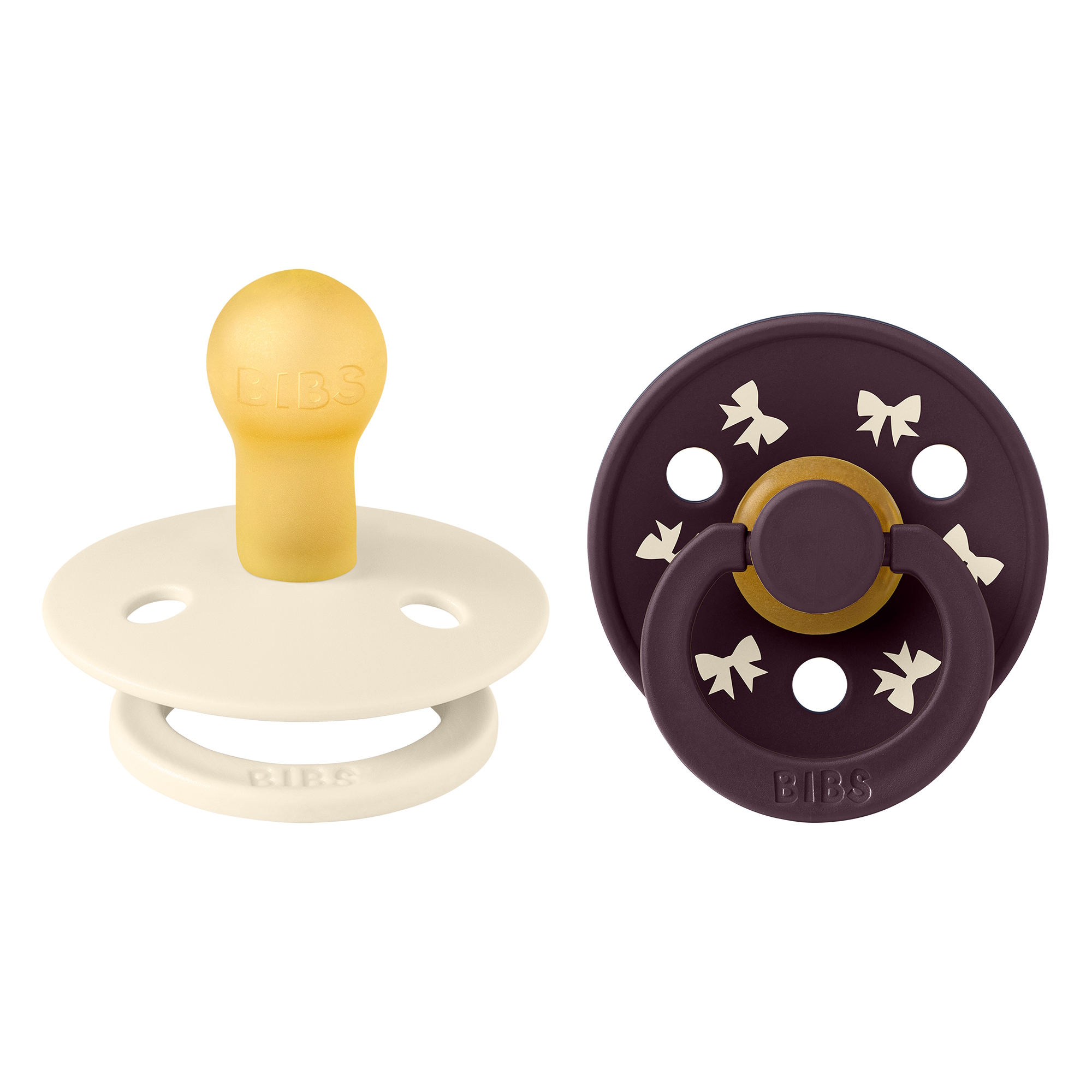 BIBS Pacifier Colour Holiday Bow 2 PACK Latex Size 1 Ivory/Plum