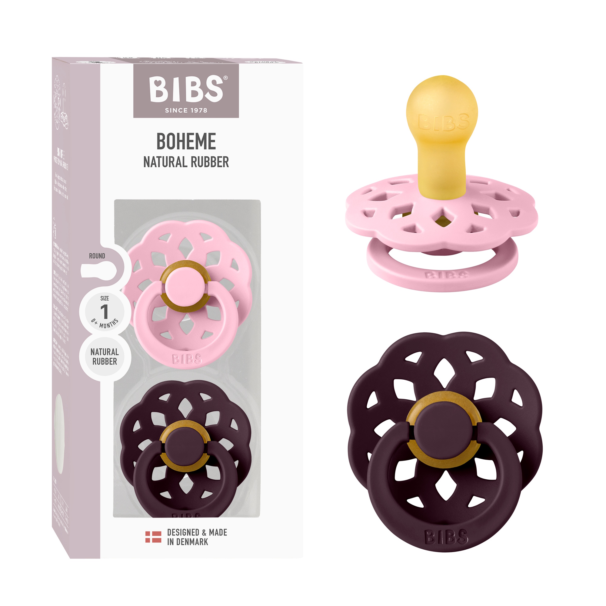 BIBS Pacifier Boheme 2 PACK Latex Size 1 Baby Pink/Plum