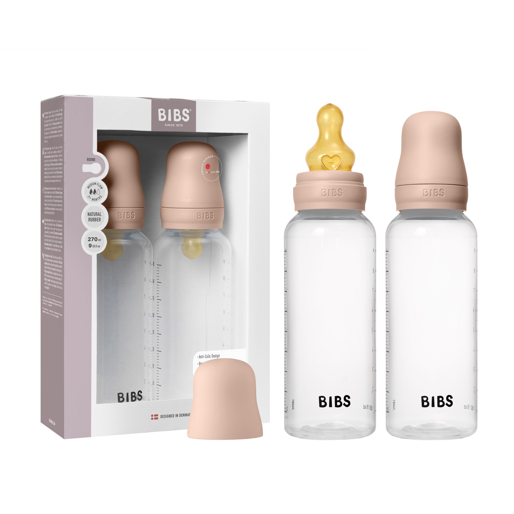 BIBS Baby Bottle Round Latex 2 pack 270 ml Medium Flow Blush