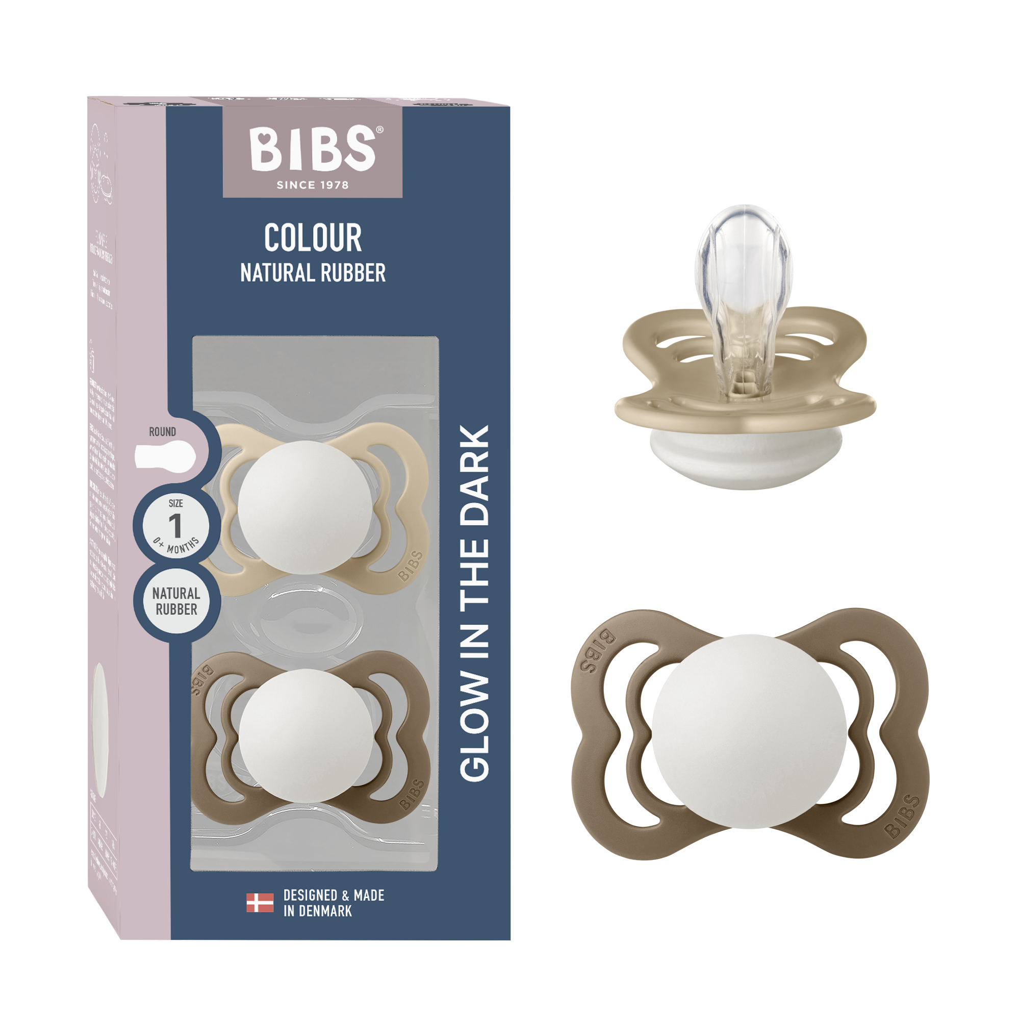 BIBS Pacifier Supreme 2 PACK Silicone Size 1 Vanilla Glow/Dark Oak Glow