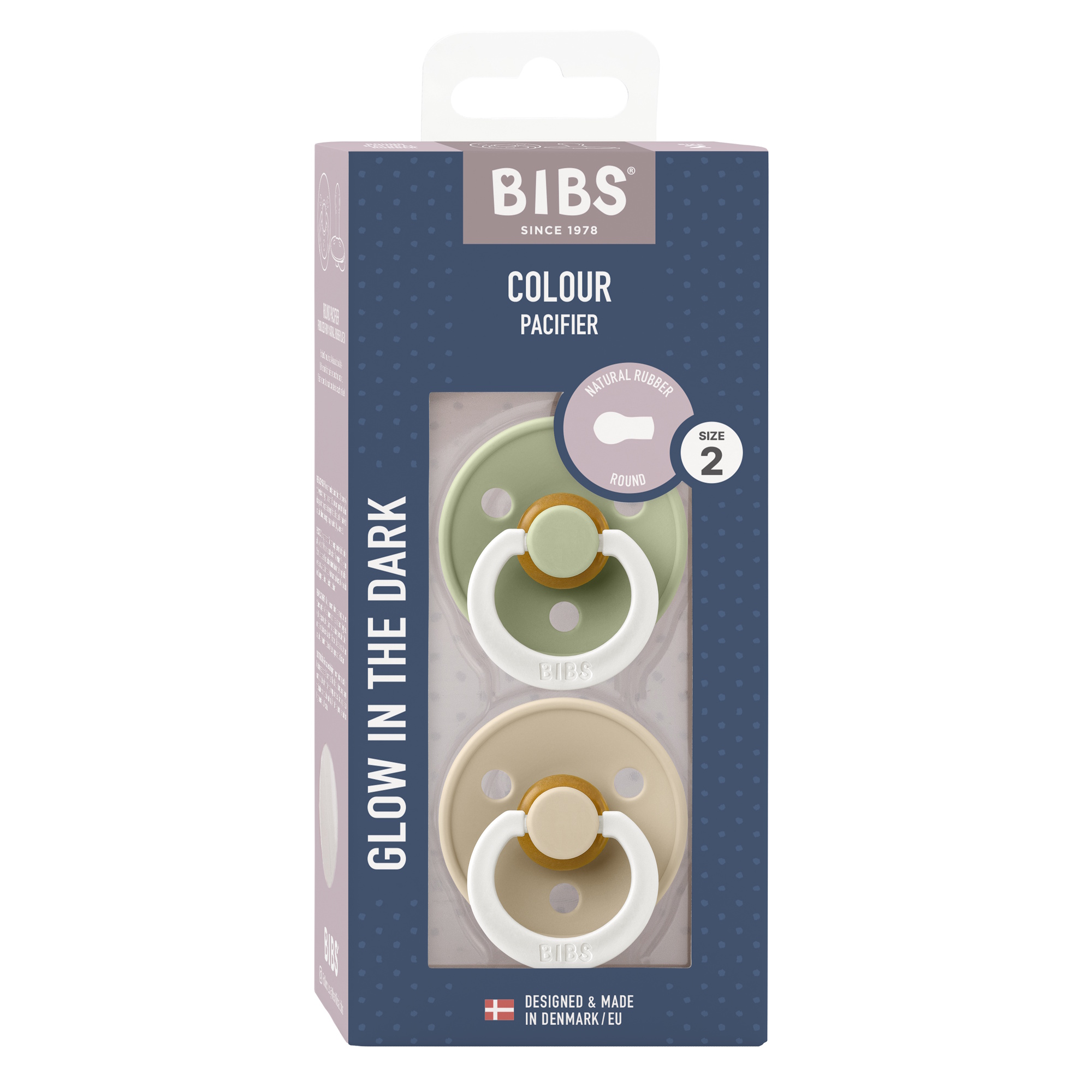 BIBS Pacifier Colour 2 PACK Latex Size 2 Sage GLOW/Vanilla GLOW