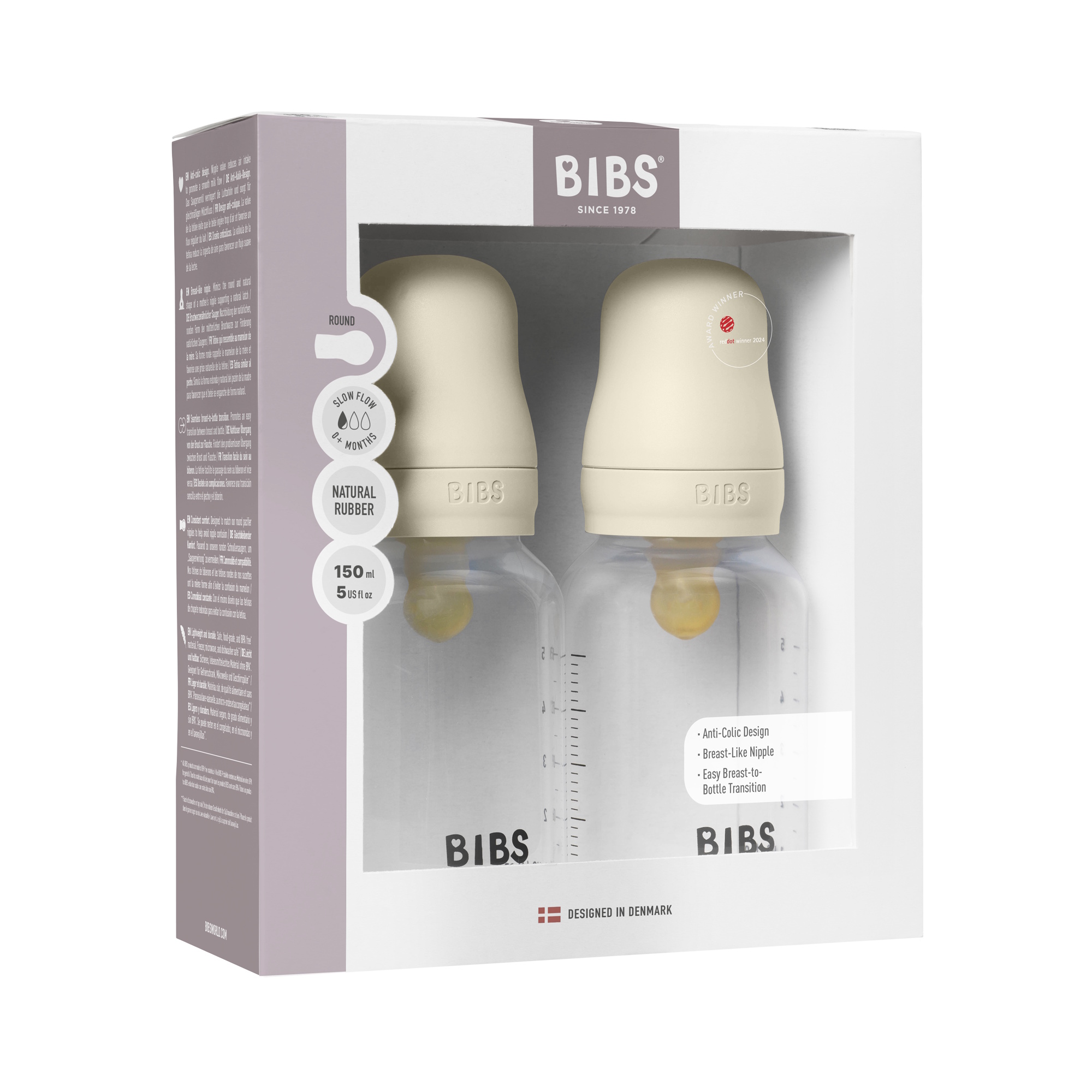 BIBS Baby Bottle Round Latex 2 pack 150 ml Slow Flow Ivory