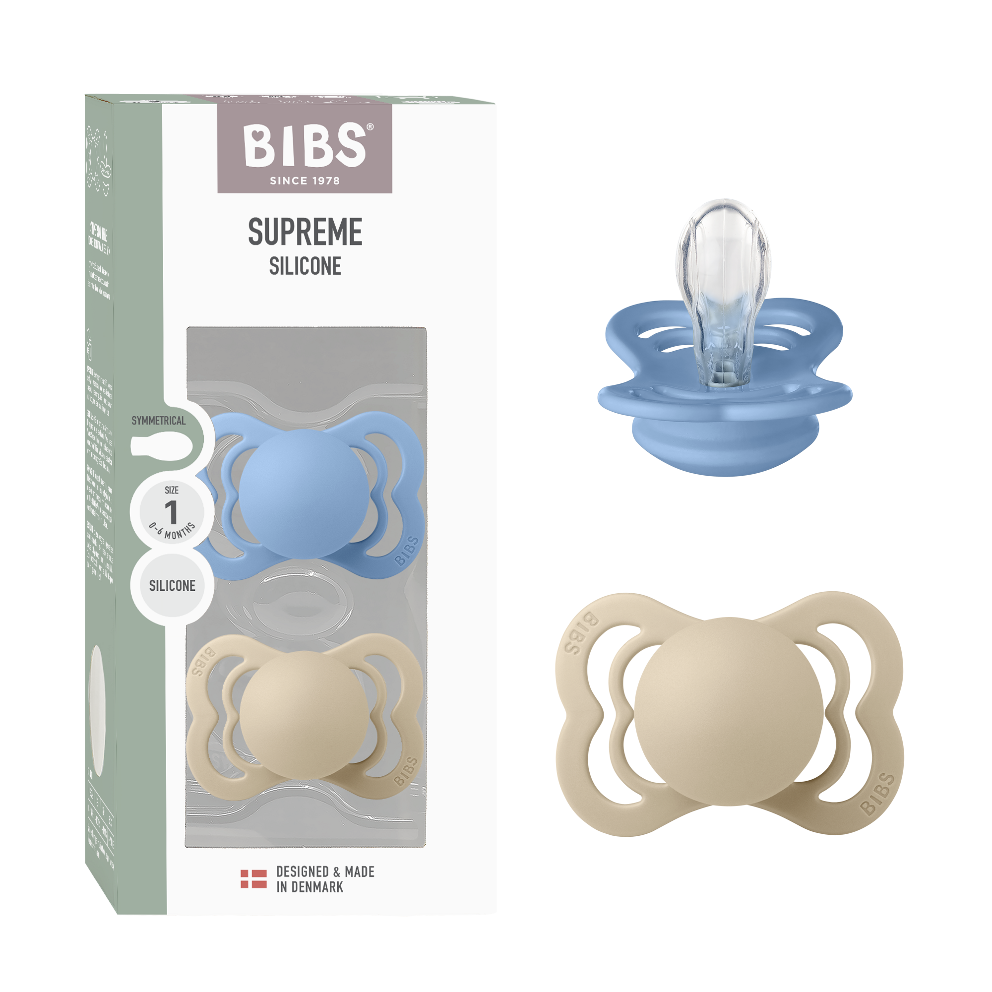 BIBS Pacifier Supreme 2 PACK Silicone Size 1 Vanilla/Sky Blue