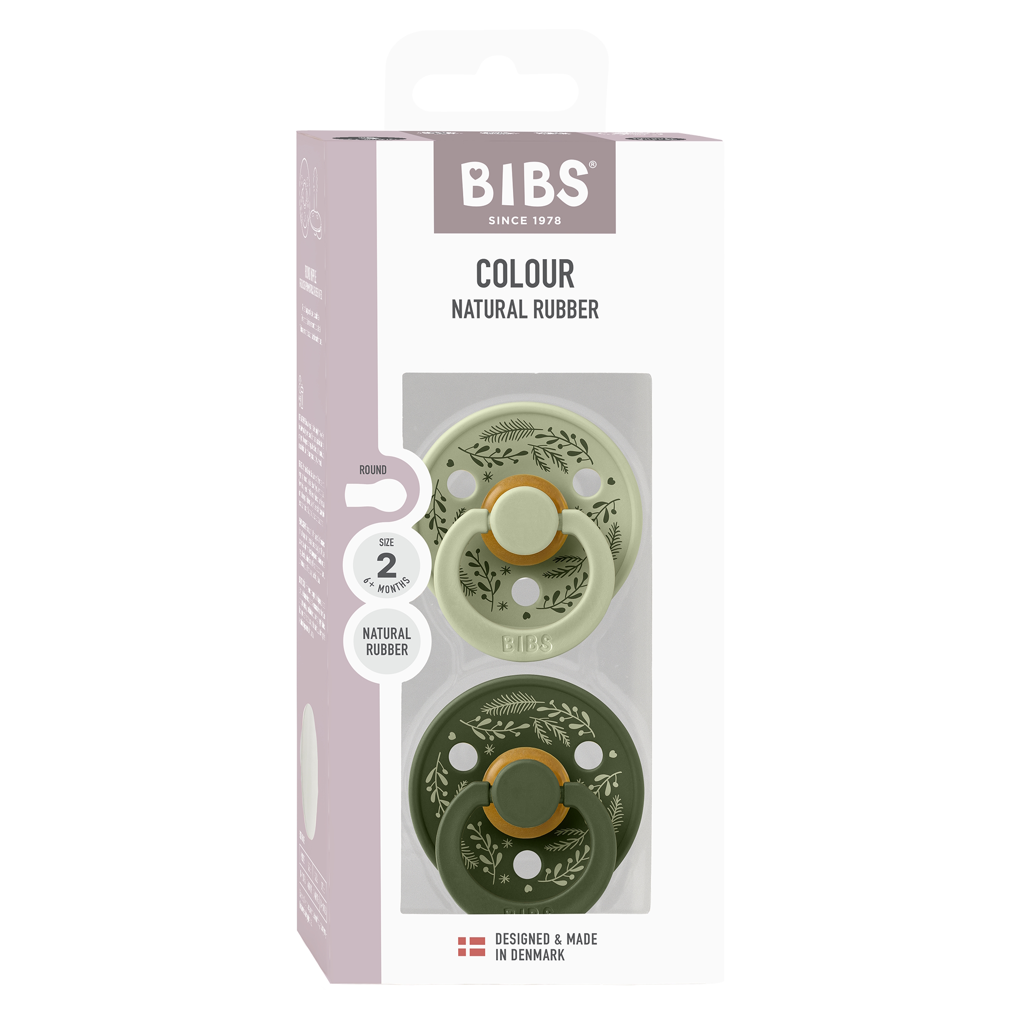 BIBS Pacifier Colour Holiday Leaf 2 PACK Latex Size 2 Sage/Hunter Green