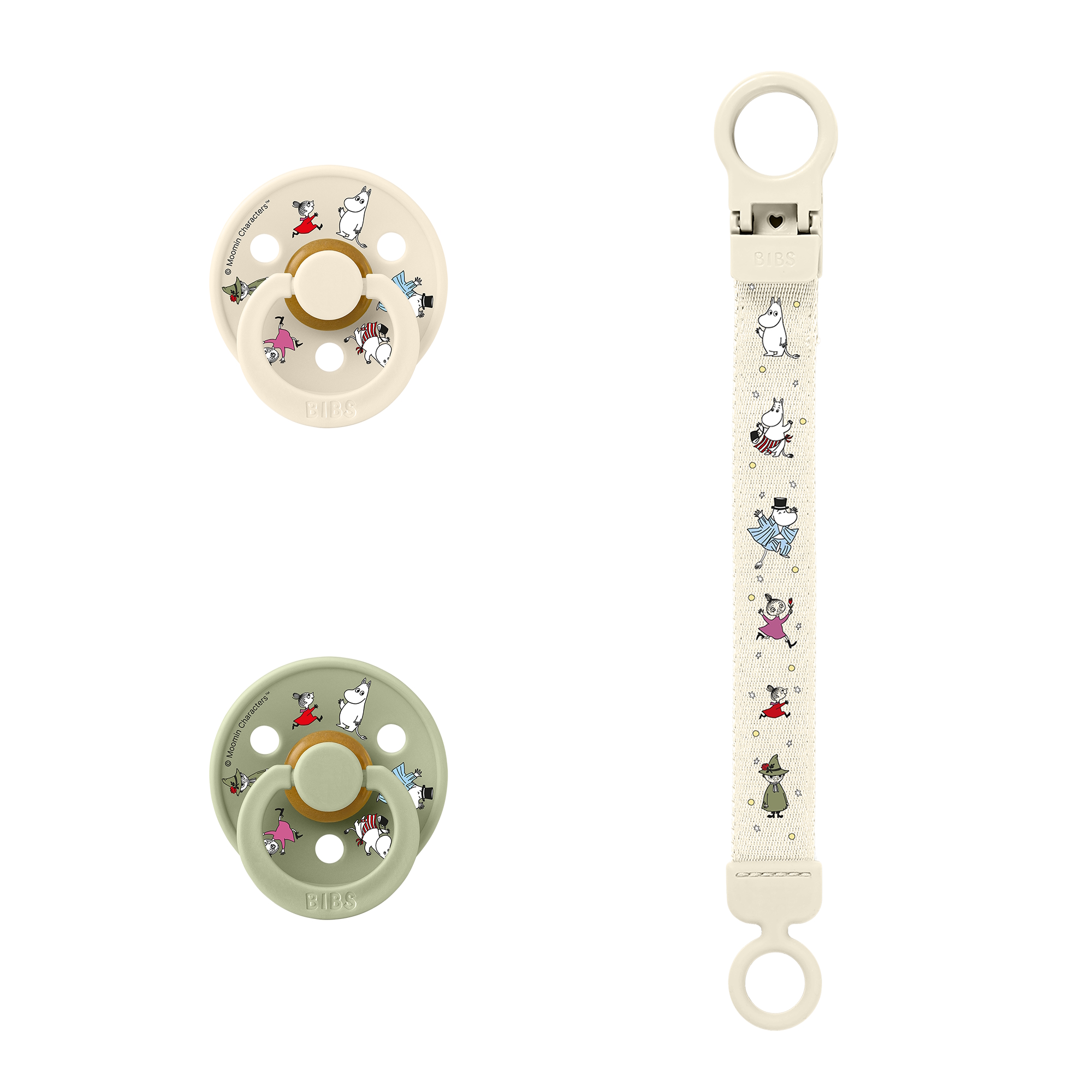 Bibs x Moomins Colour Pacifier & Loop Clip Gift Set Latex Size 2 Ivory/Sage