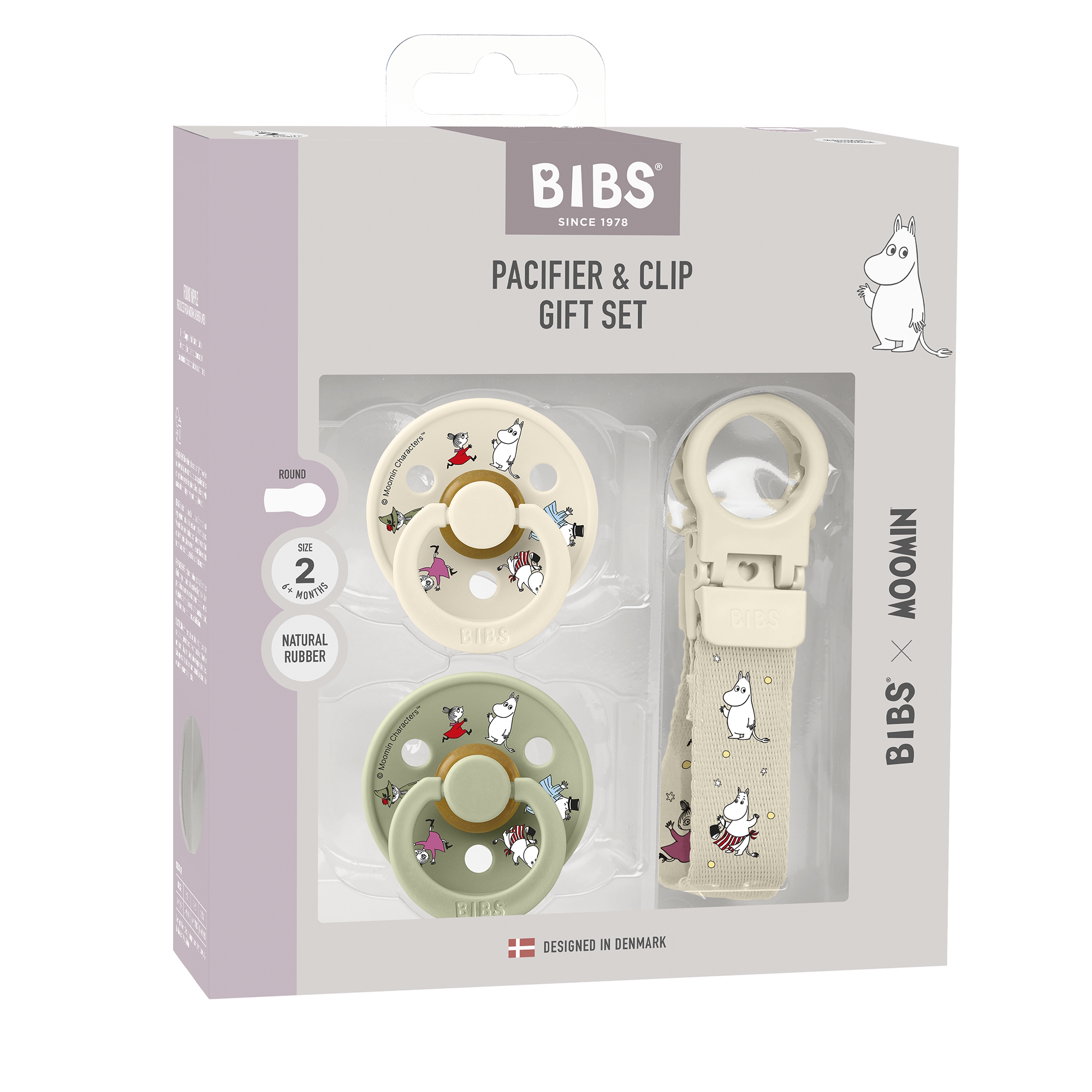 Bibs x Moomins Colour Pacifier & Loop Clip Gift Set Latex Size 2 Ivory/Sage