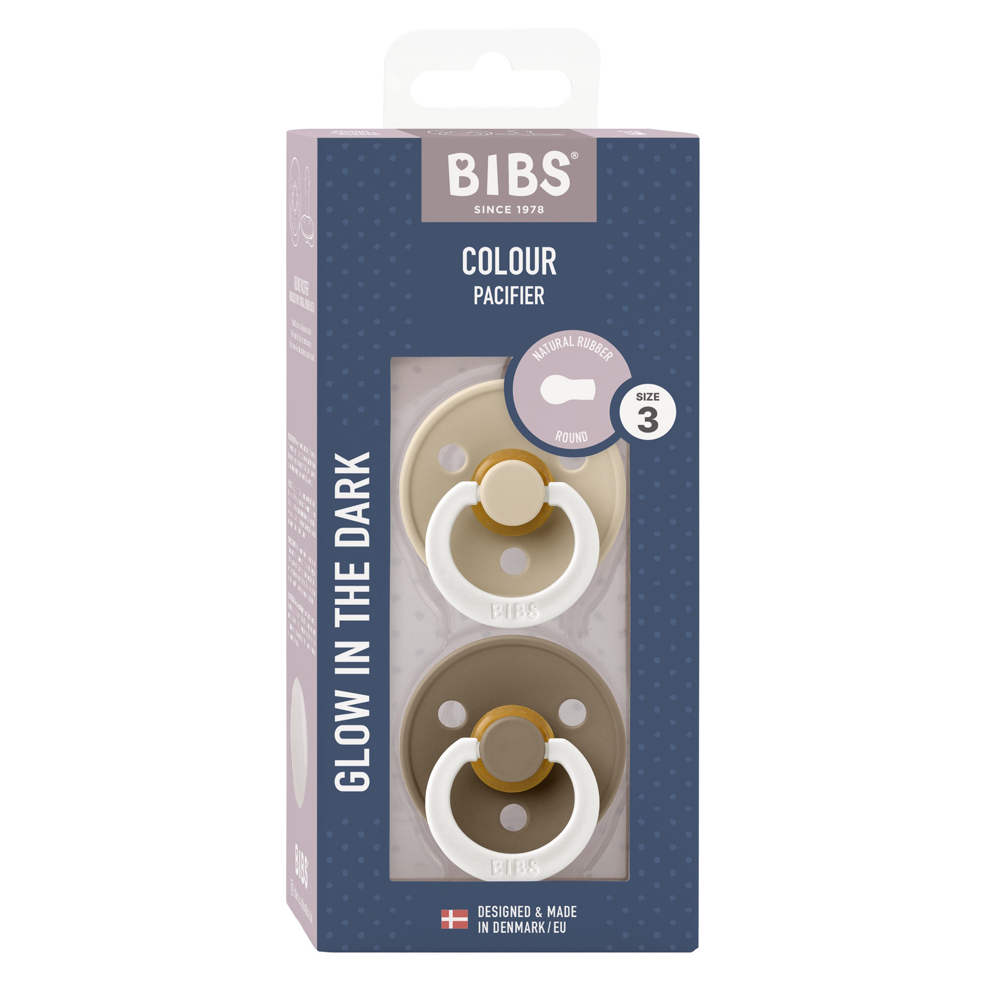 BIBS Pacifier Colour 2 PACK Latex Size 3 Vanilla GLOW/Dark Oak GLOW
